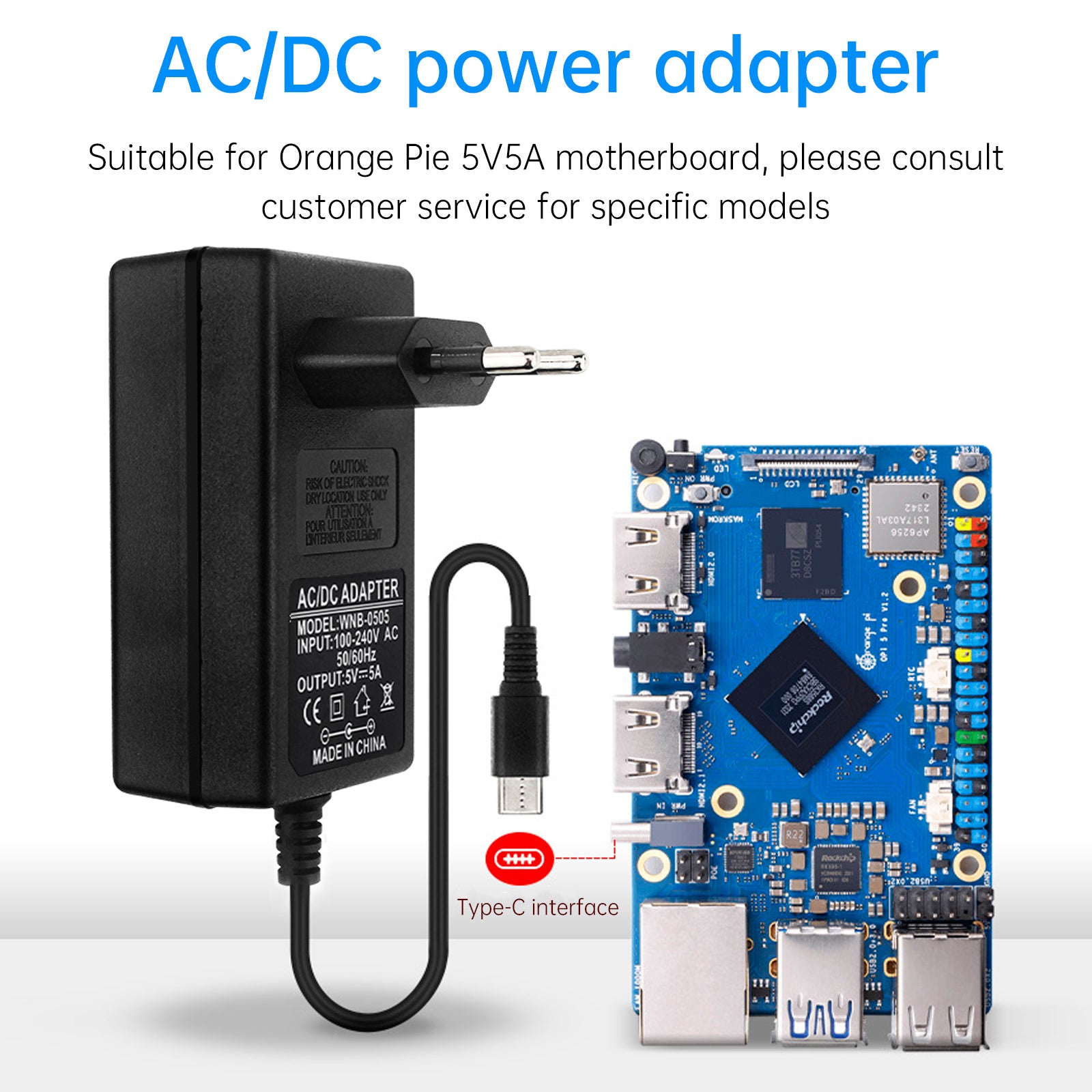 Orange Pi 5Pro voedingsadapter Type-C 5V5A voeding geschikt voor OrangePi 5MAX/CM5 EU-stekker