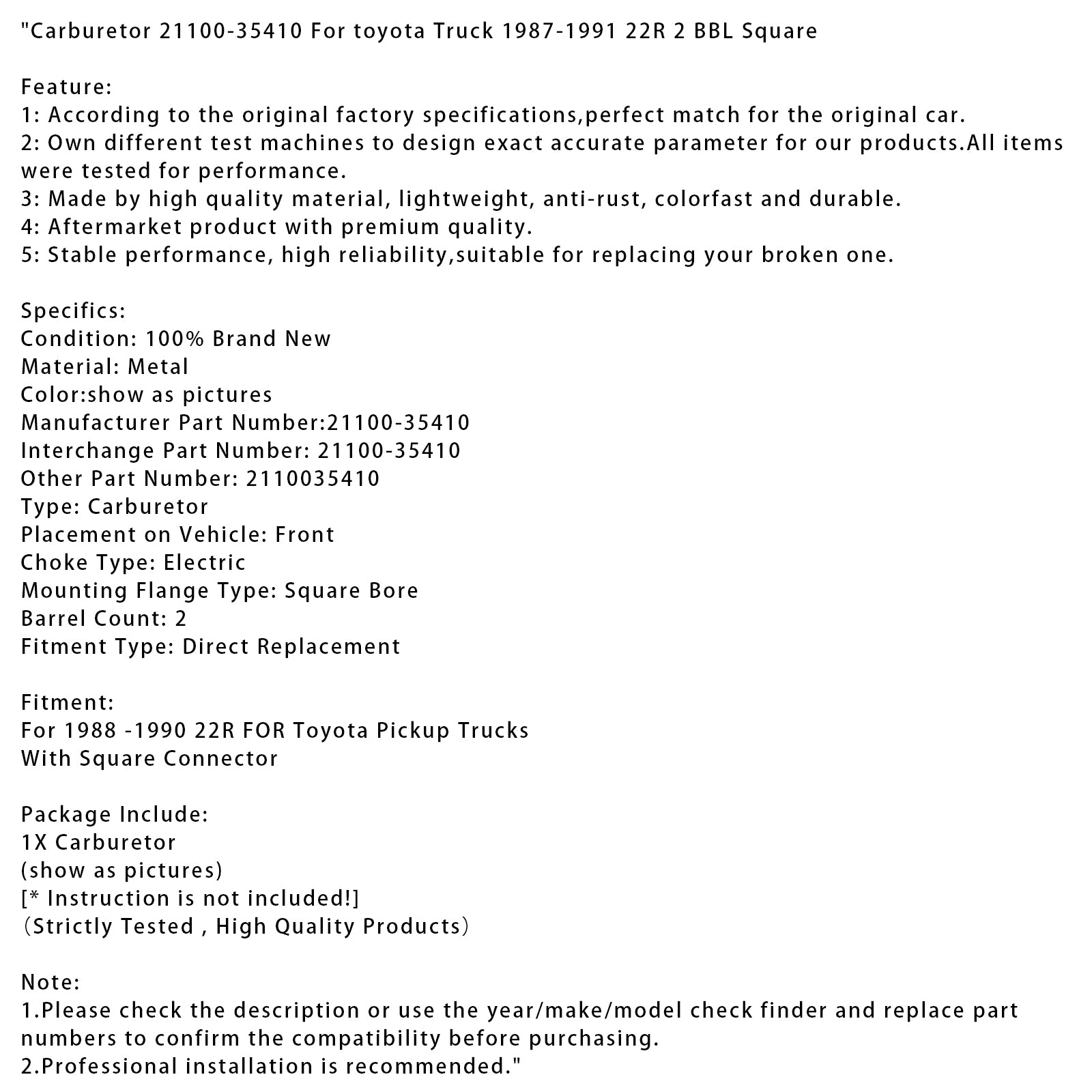 1987-1991 Toyota Truck 22R 2 BBL Square Carburetor 21100-35410