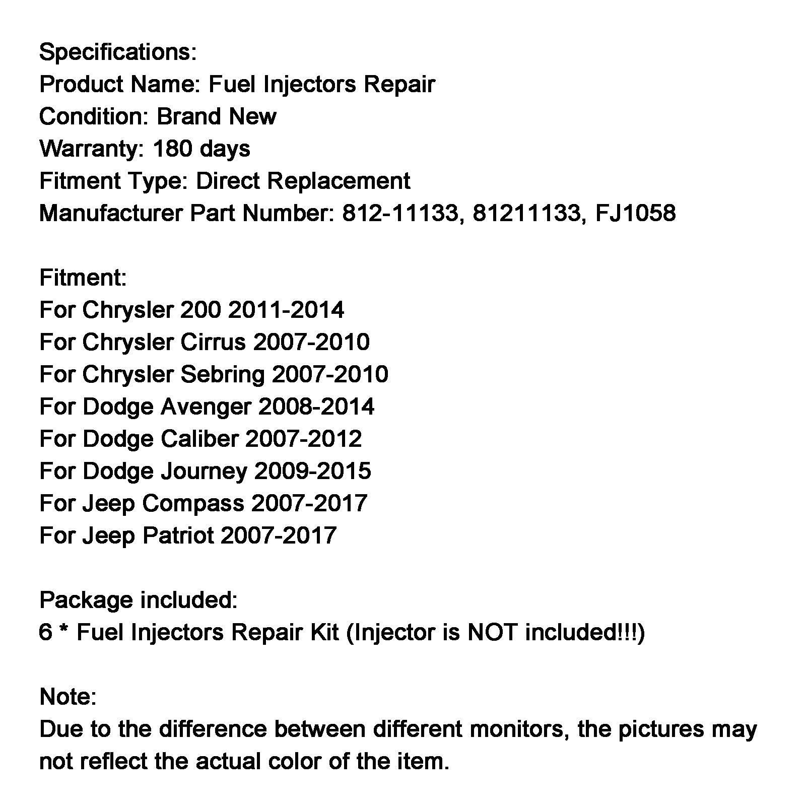 Kit de reparación de inyector de combustible FJ1058 compatible con Dodge Caliber 2007-12 Avenger 2008-14