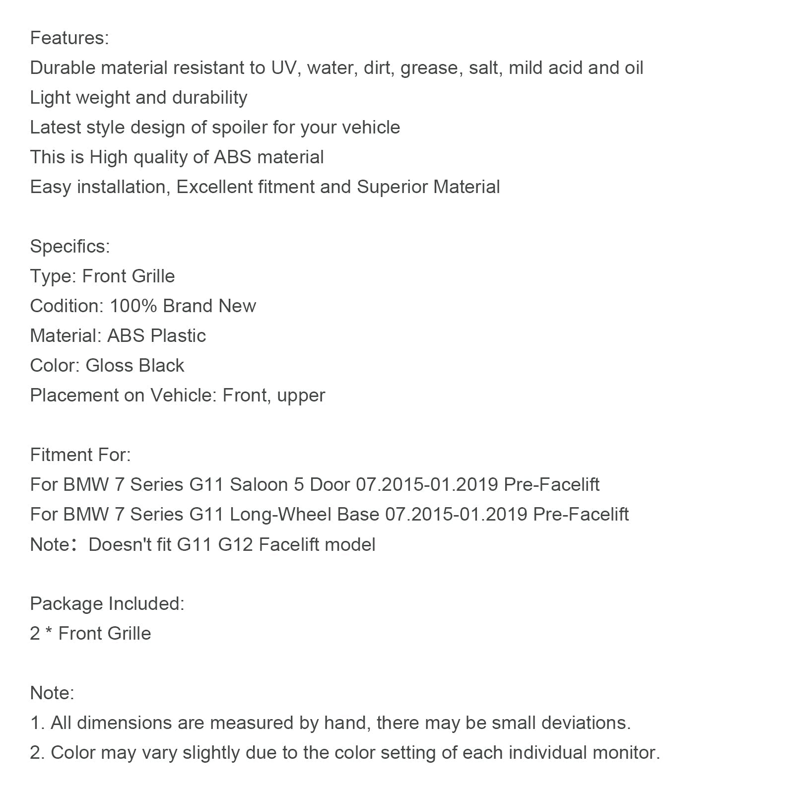 07.2015-01.2019 BMW 7-serie G11 Langhjulsbase Pre-Facelift Black 2 Slat Front Kidney Grill Grille