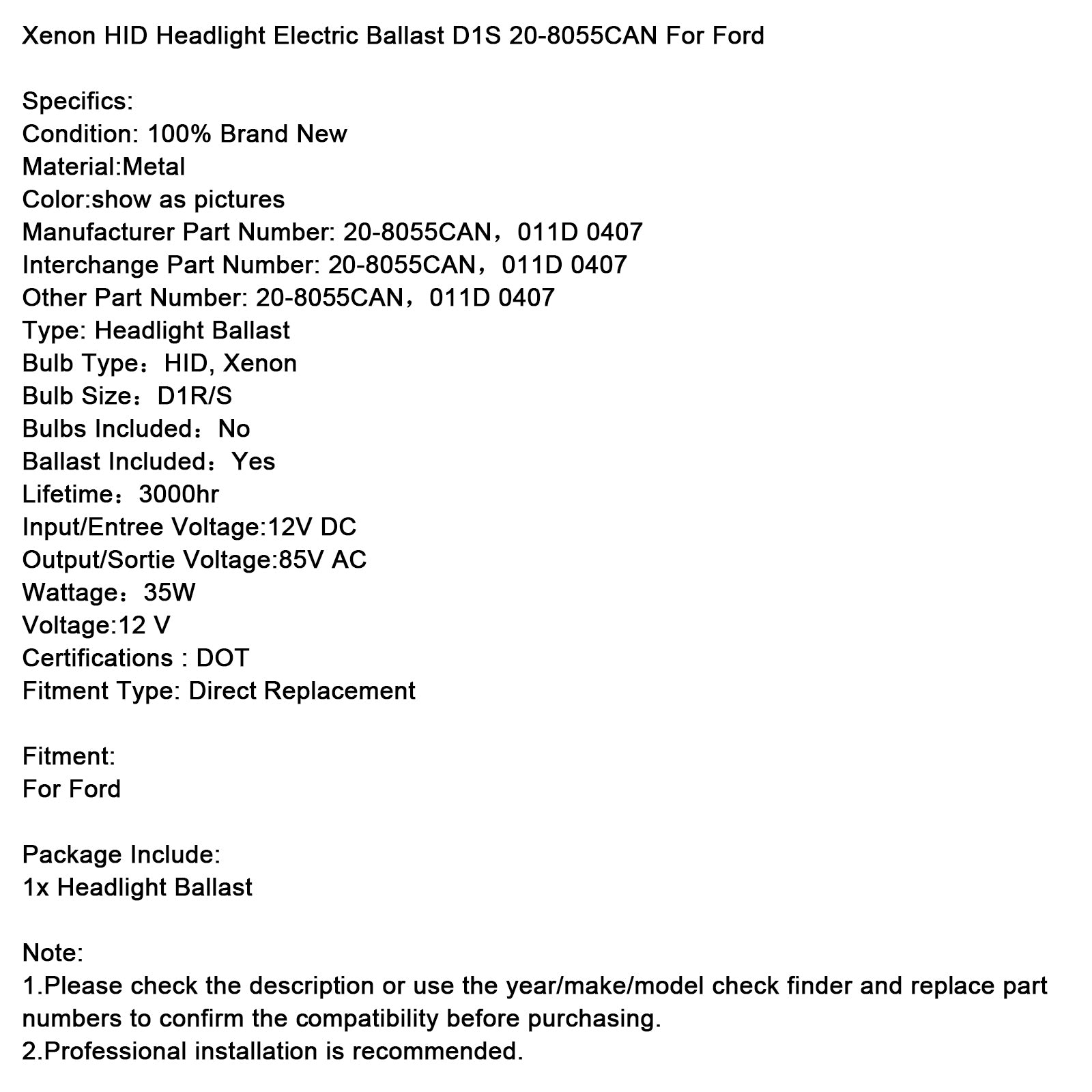 Xenon HID Headlight Electric Ballast D1S 20-8055CAN For Ford