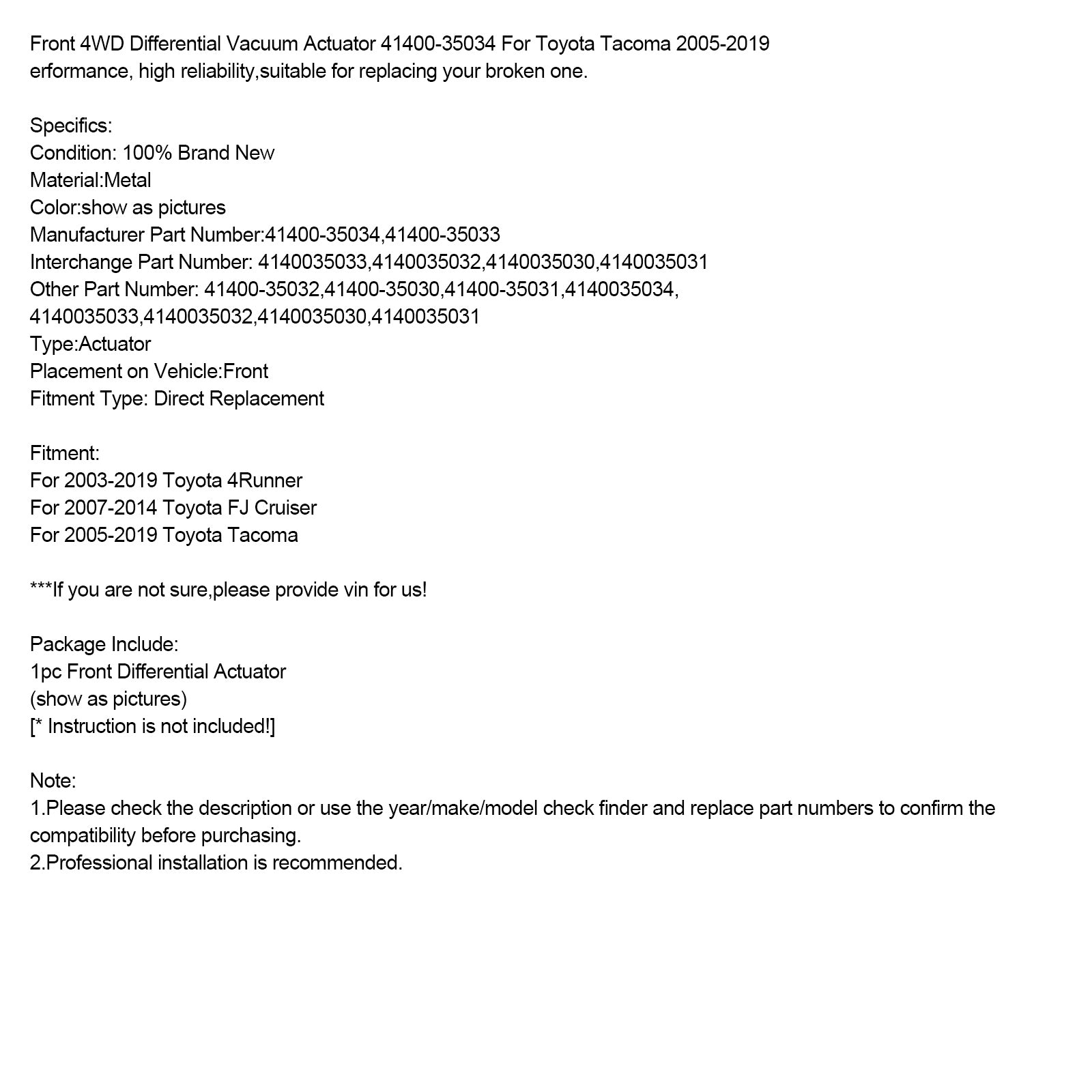 Toyota Tacoma 2005-2019 Front 4WD Diferencial vákuum ovládača 41400-35034