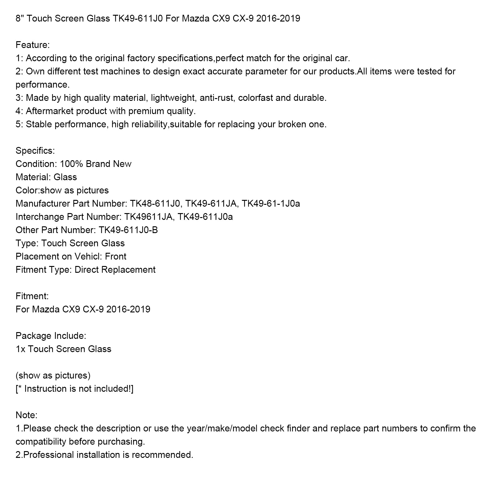 Mazda CX9 CX-9, roky 2016 – 2019 8" Dotykové sklo TK49-611J0 pre TK48-611J0