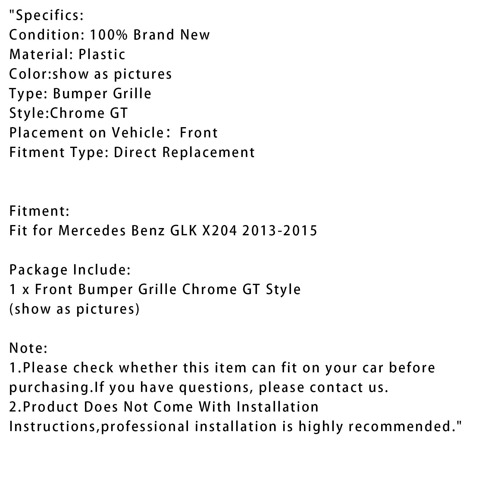 2013-2015 Mercedes Benz GLK x204 GT Front Grille Grill Mesh Chrome