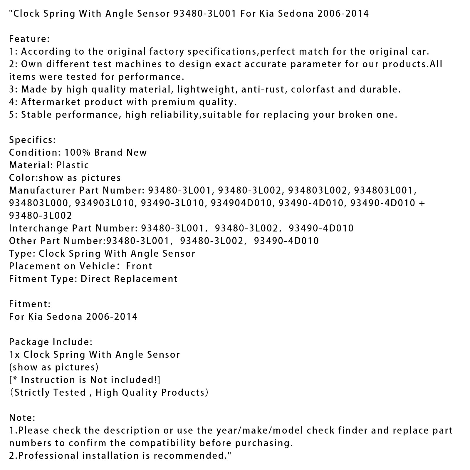 Clock Spring With Angle Sensor 93480-3L001 For Kia Sedona 2006-2014