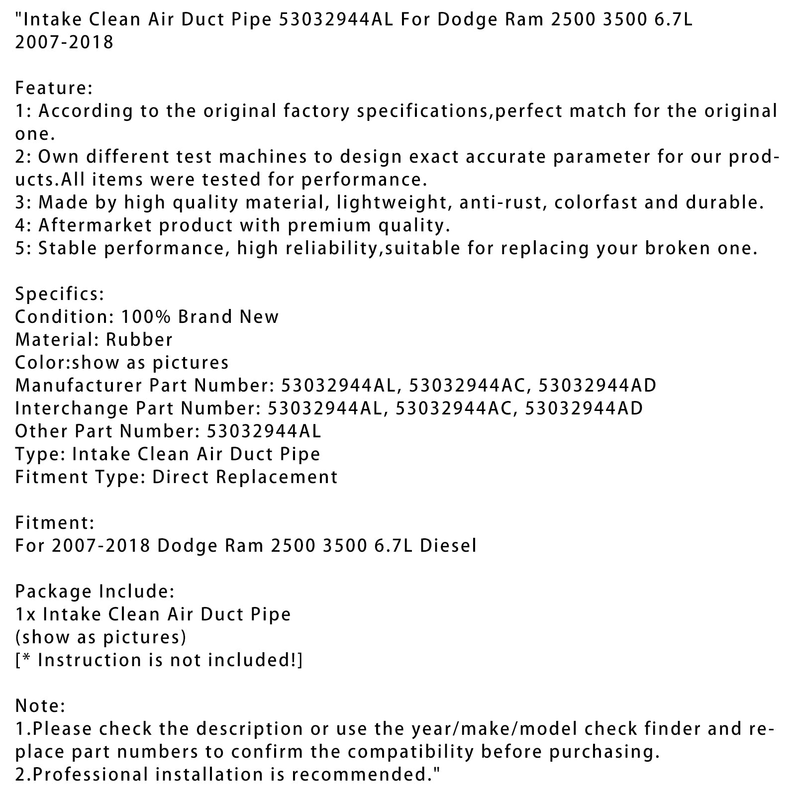 2007-2018 Dodge Ram 2500 3500 6.7L Tubo de duto de ar limpo 53032944al 53032944AC