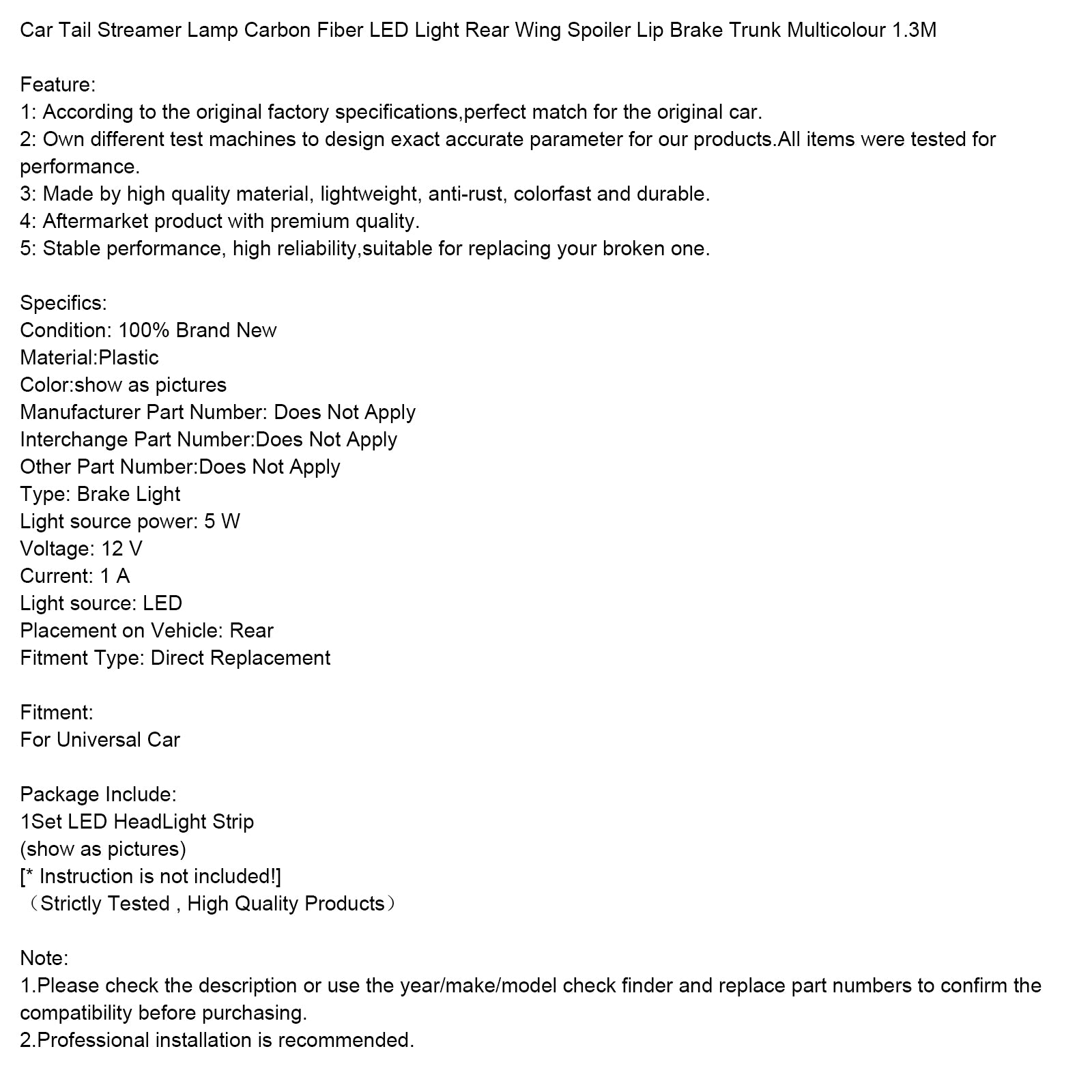 Lámpara de serpentina trasera de coche, luz LED de fibra de carbono, alerón trasero, labio, freno, maletero, multicolor, 1,3 M