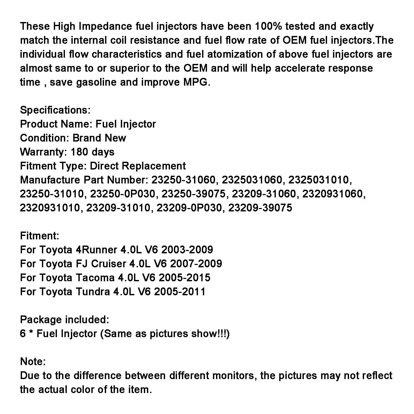 6PCS Fuel Injector 23250-31060 FIT Toyota Tacoma 4Runner FJ Cruiser 23250-31010