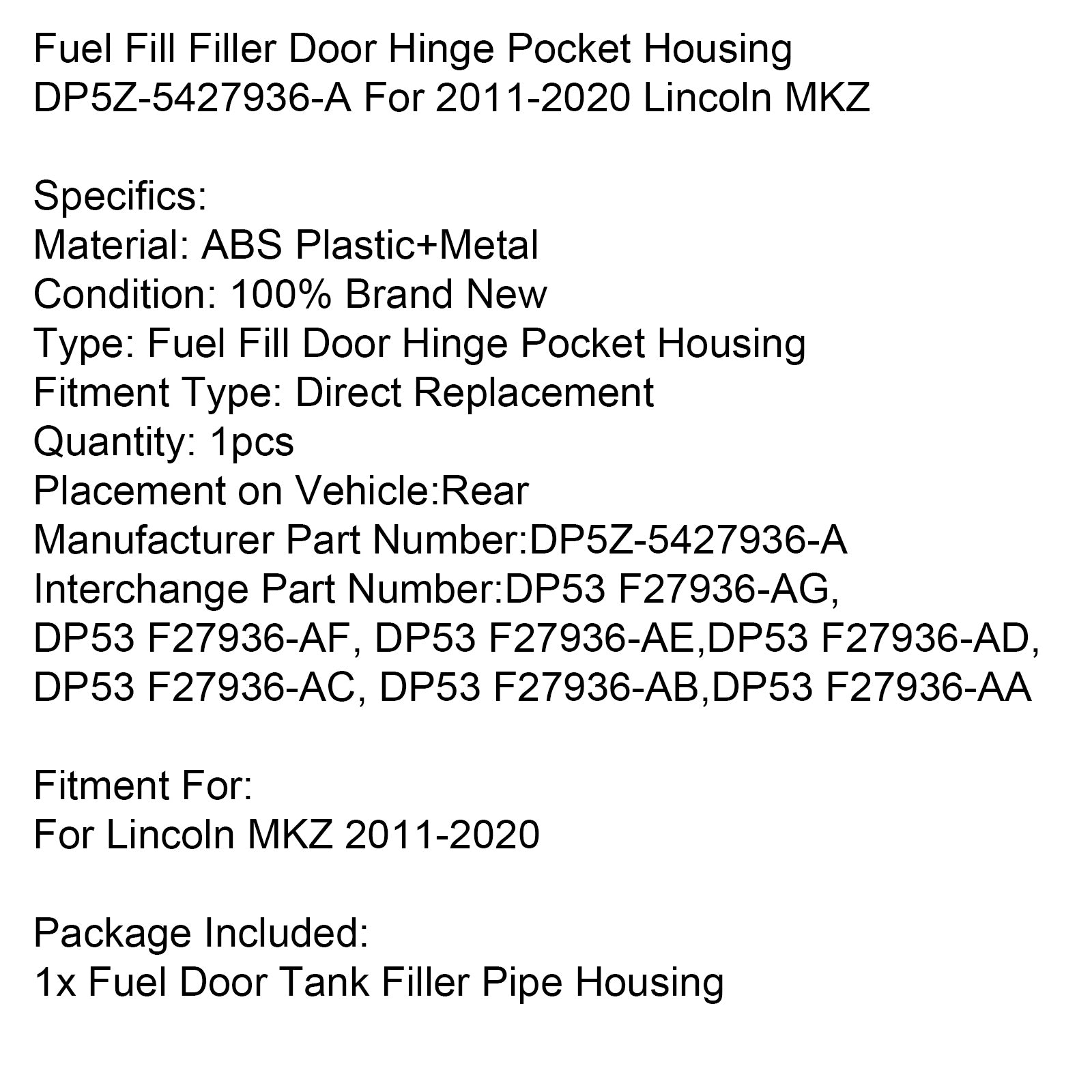 Caixa de bolso da dobradiça da porta de combustível DP5Z-5427936-A para Lincoln MKZ 2011-2020