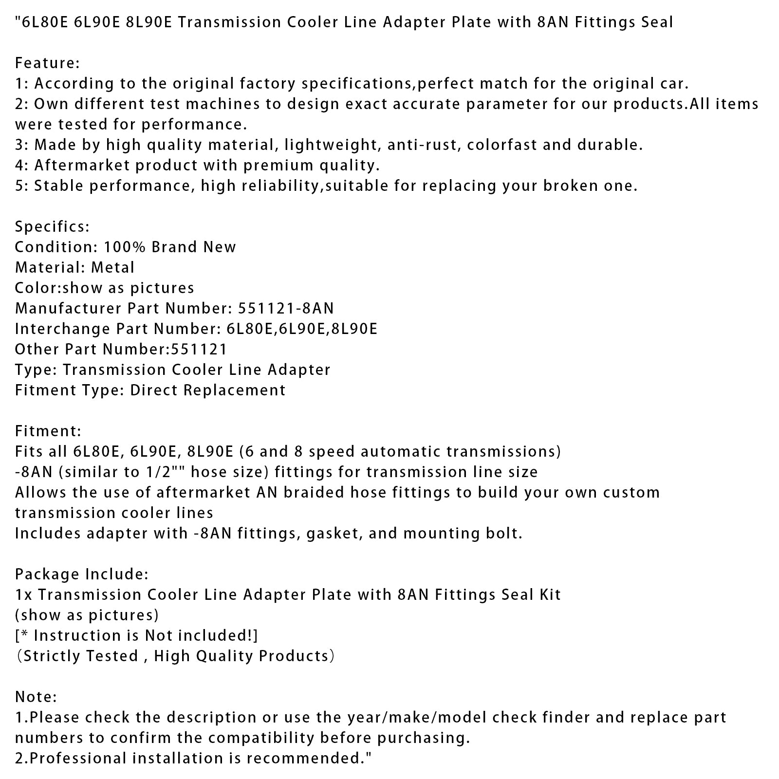 6L80E 6L90E 8L90E Transmission Cooler Line Adapter Plate with 8AN Fittings Seal