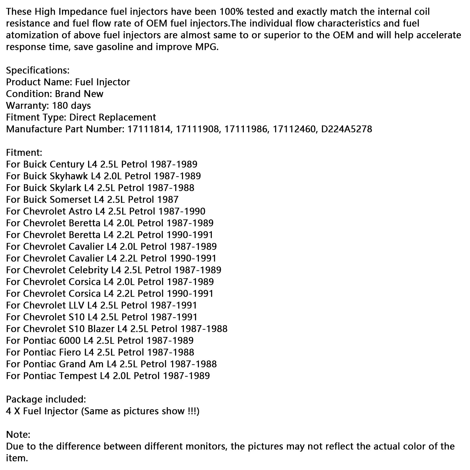 4PCS Fuel Injector 17111814 Fit Chevy Cavalier Corsica Fit Buick Century
