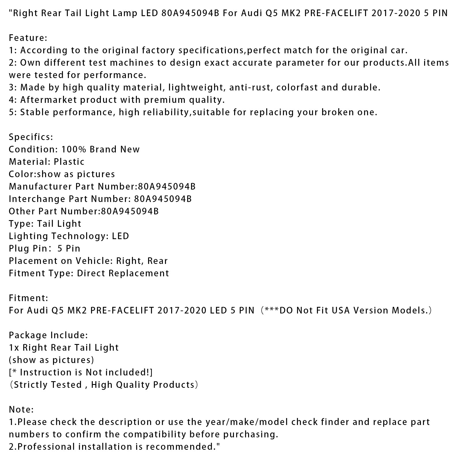 Luz trasera derecha LED para Audi Q5 MK2 PRE-FACELIFT 2017-2020 5 PIN