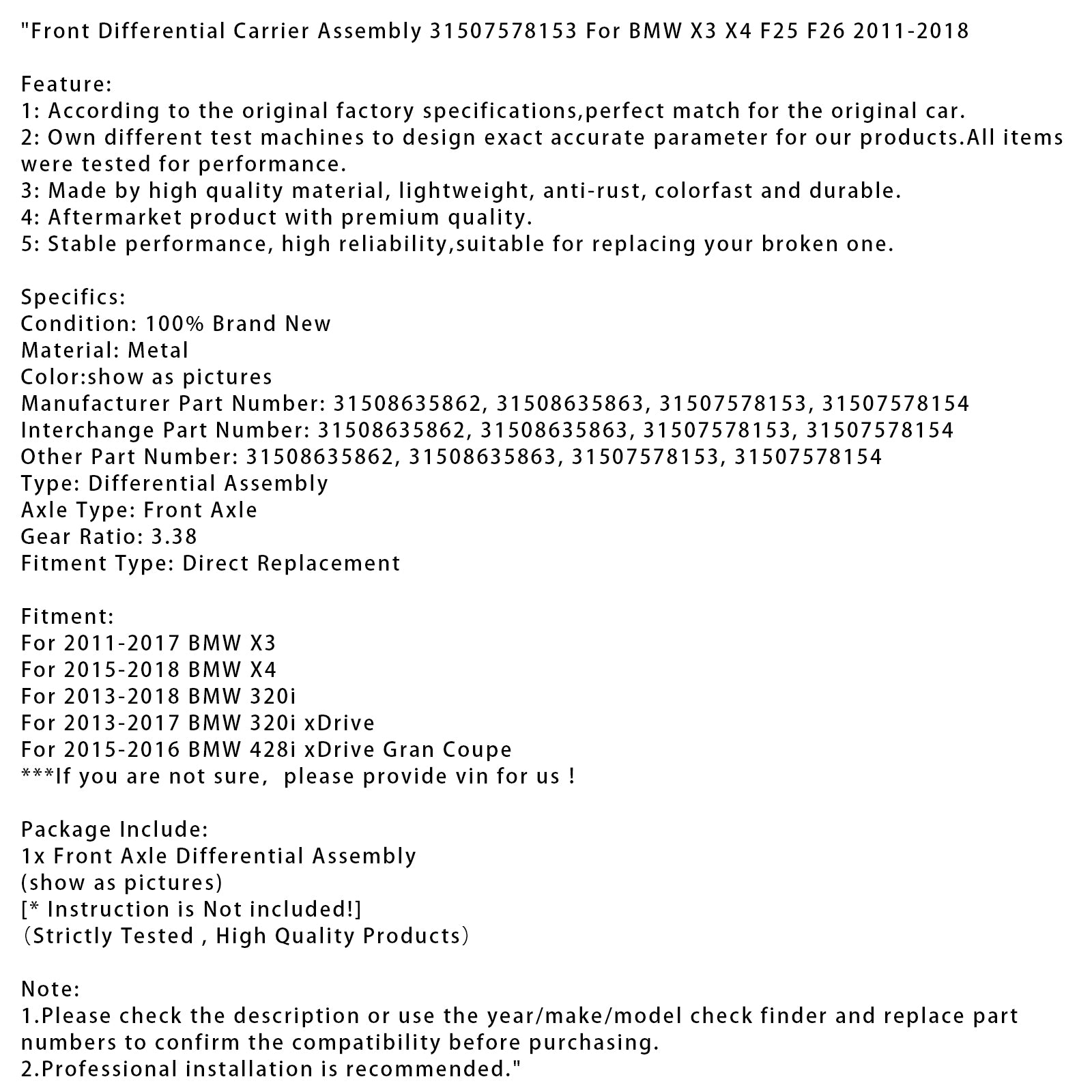 Front Differential Carrier Assembly 31507578153 For BMW X3 X4 F25 F26 2011-2018