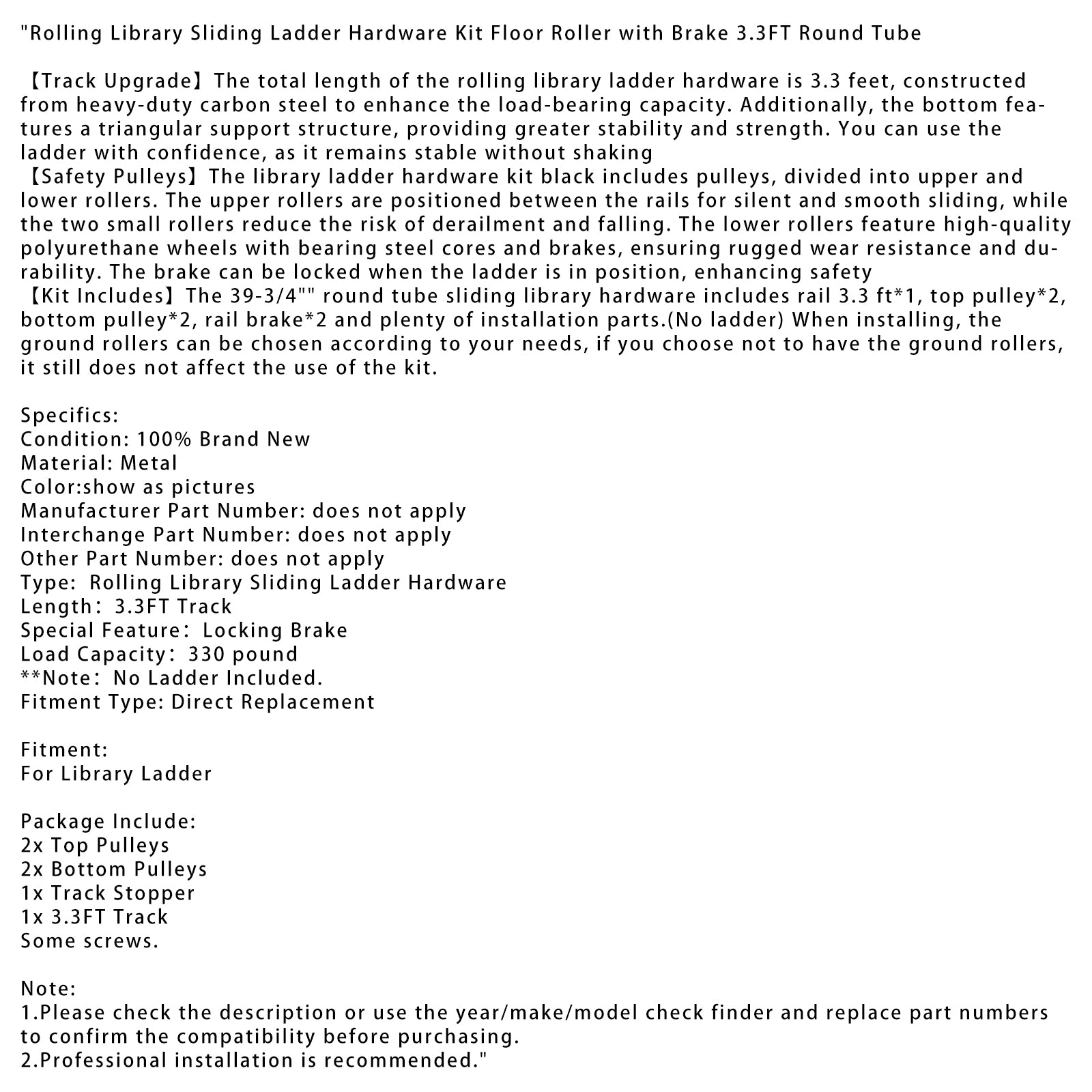 Rolling Library Sliding Ladder Hardware Kit com freio de 3,3 pés de tubo redondo