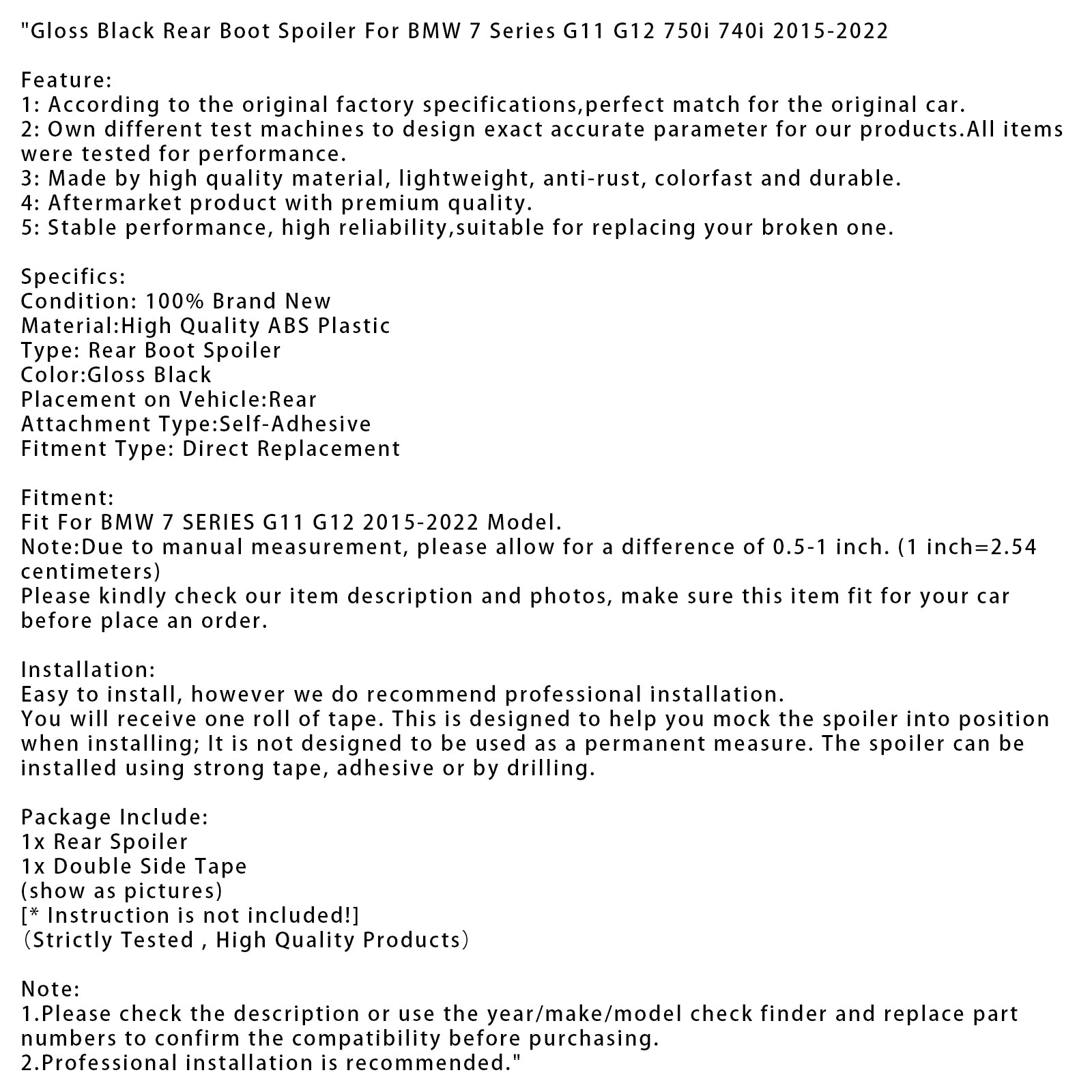 2015-2022 BMW 7 Series G11 G12 750i 740i Gloss Black Rear Boot Spoiler