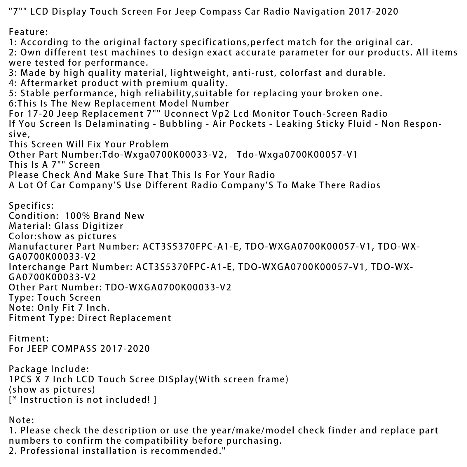 Rádio e navegação para carro Jeep Compass 2017-2020 7" Tela LCD sensível ao toque