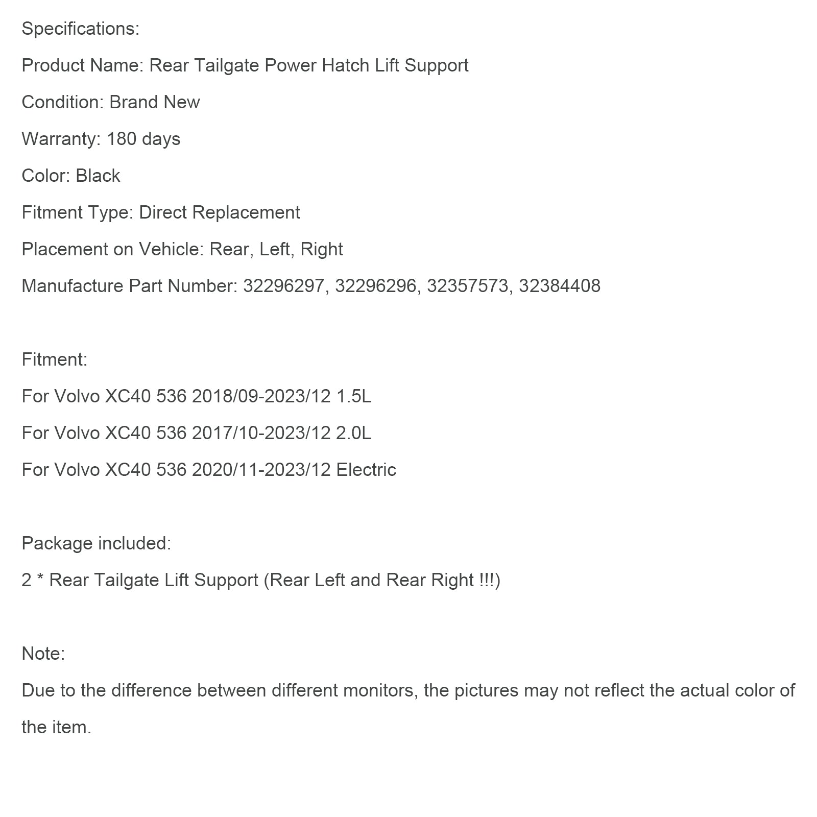 2 stk bakre elektrisk bakluke gass stag 32296296 Fit for Volvo XC40 536 2019-2023