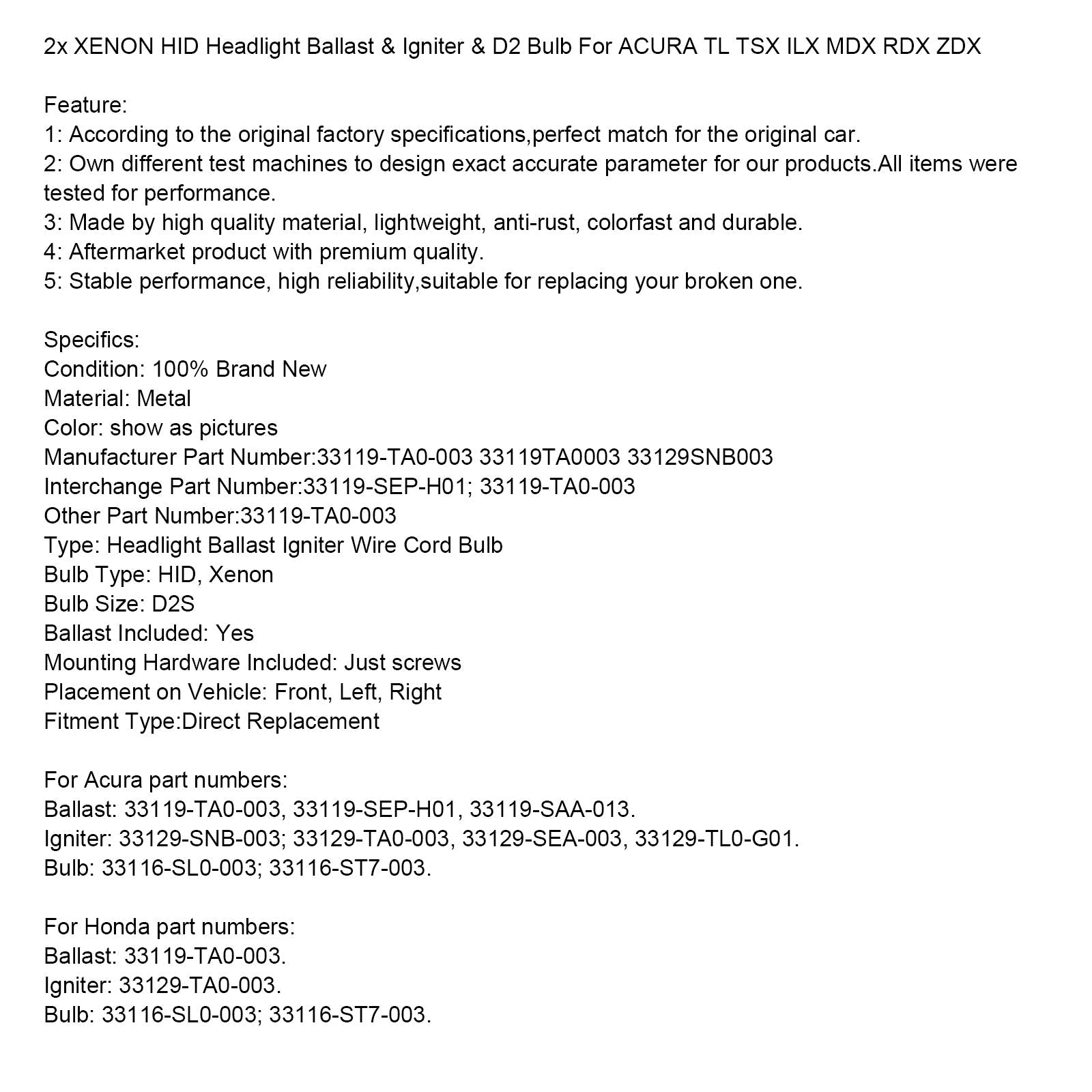 2013-2015 Acura RDX XENON HID koplampballast & Ontsteker & D2 33119TA0003 Lamp 2 stuks