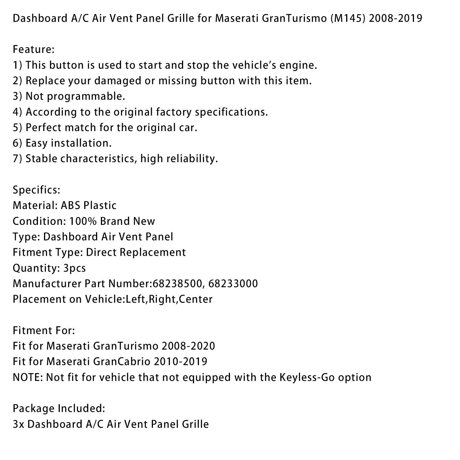 Dashboard A/C Air Vent Panel Grille for Maserati GranTurismo (M145) 2008-2019