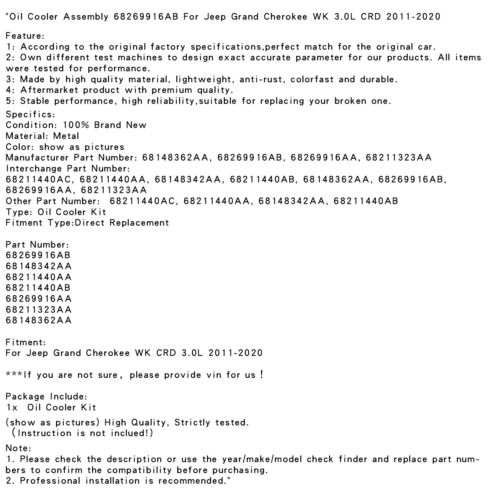 2011-2020 Jeep Grand Cherokee WK 3.0L CRD Assemblage de refroidisseur d'huile 68269916AB