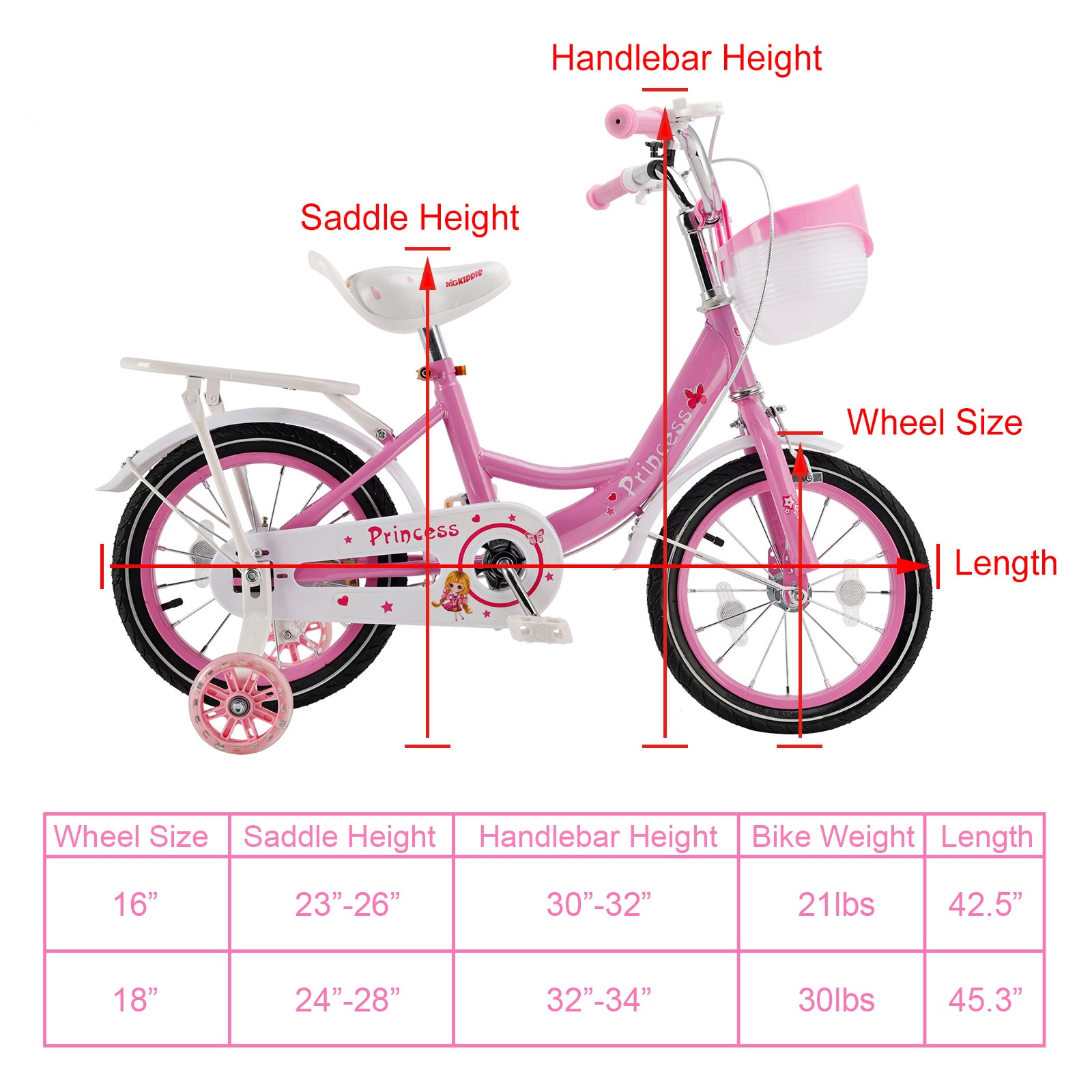 16"/18" Children Princess Bicycle Girls Bike with Removable Training Wheels Pink