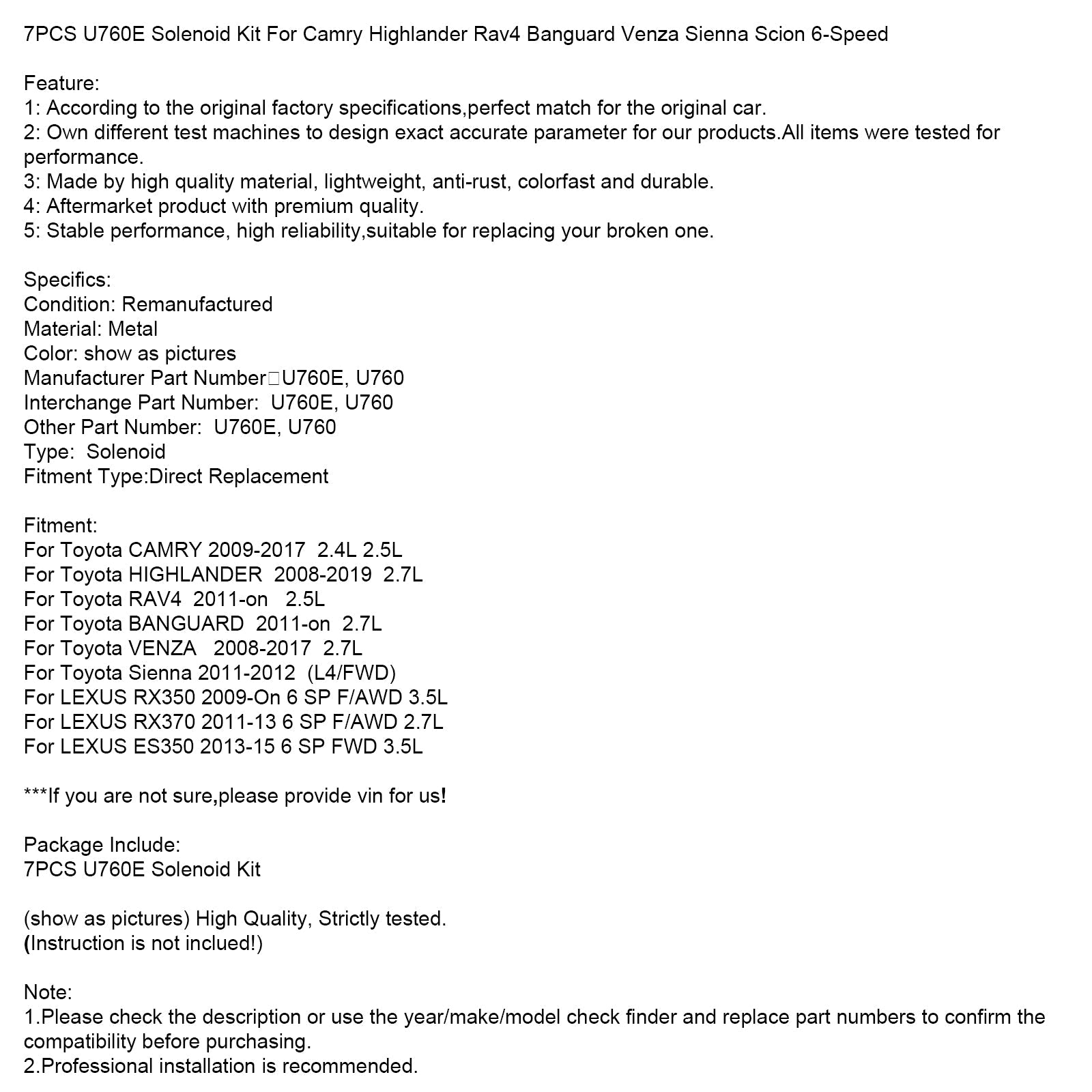 2013-2015 Lexus ES350 6 SP FWD 3.5L 7PCS U760E Solenoid Kit 6-Speed
