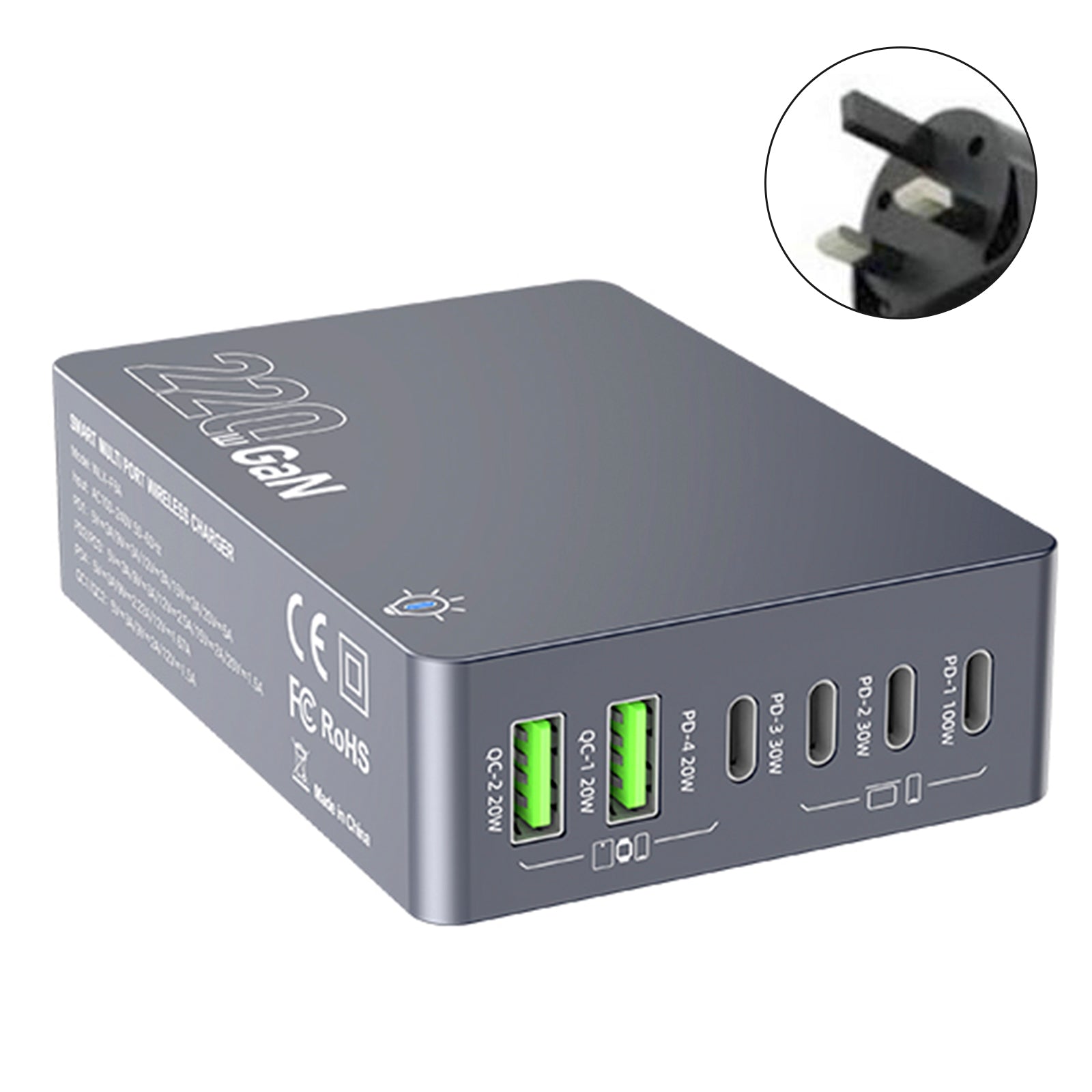 F8A ladestasjon USB 6-port hurtiglader PD100W ladestativ Smart lader