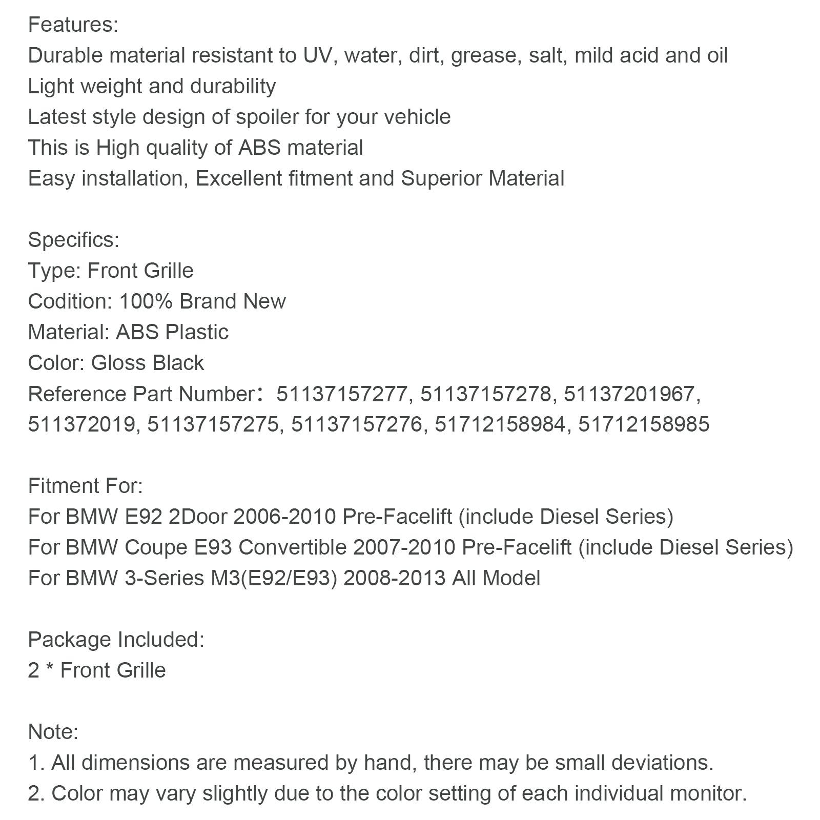 2008-2013 BMW Série 3 M3 (E92/E93) Calandre avant noire brillante