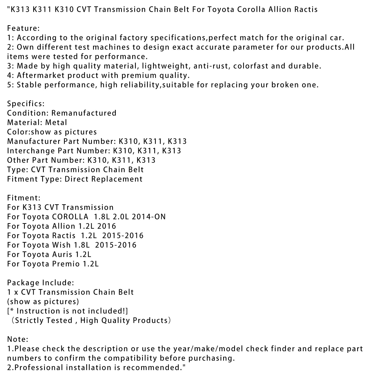 Toyota Premio 1.2l K313 K311 K310 CVT prenosový reťazový pás