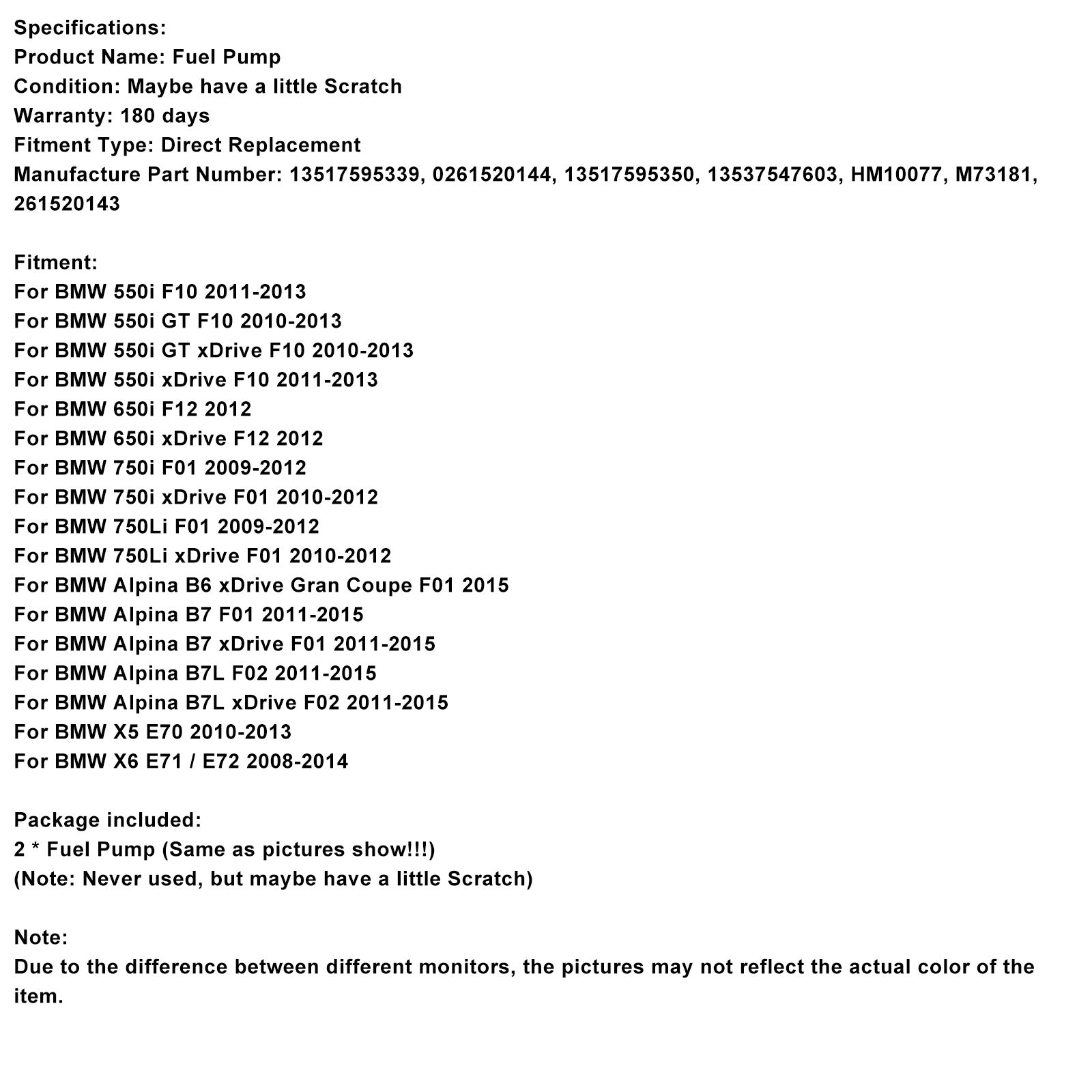 2009-2012 BMW 750Li F01 2PCS High Pressure Fuel Pump 13517595339 0261520144