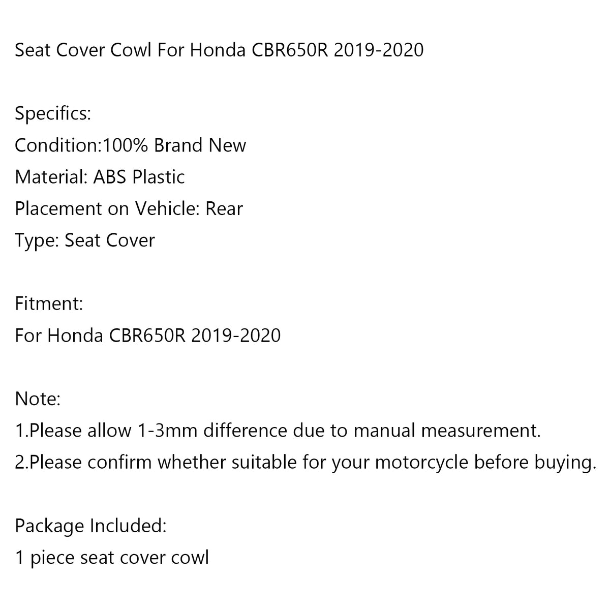 2019-2023 Honda CBR650R Rear Seat Passenger Cover Cowl Fairing Generic