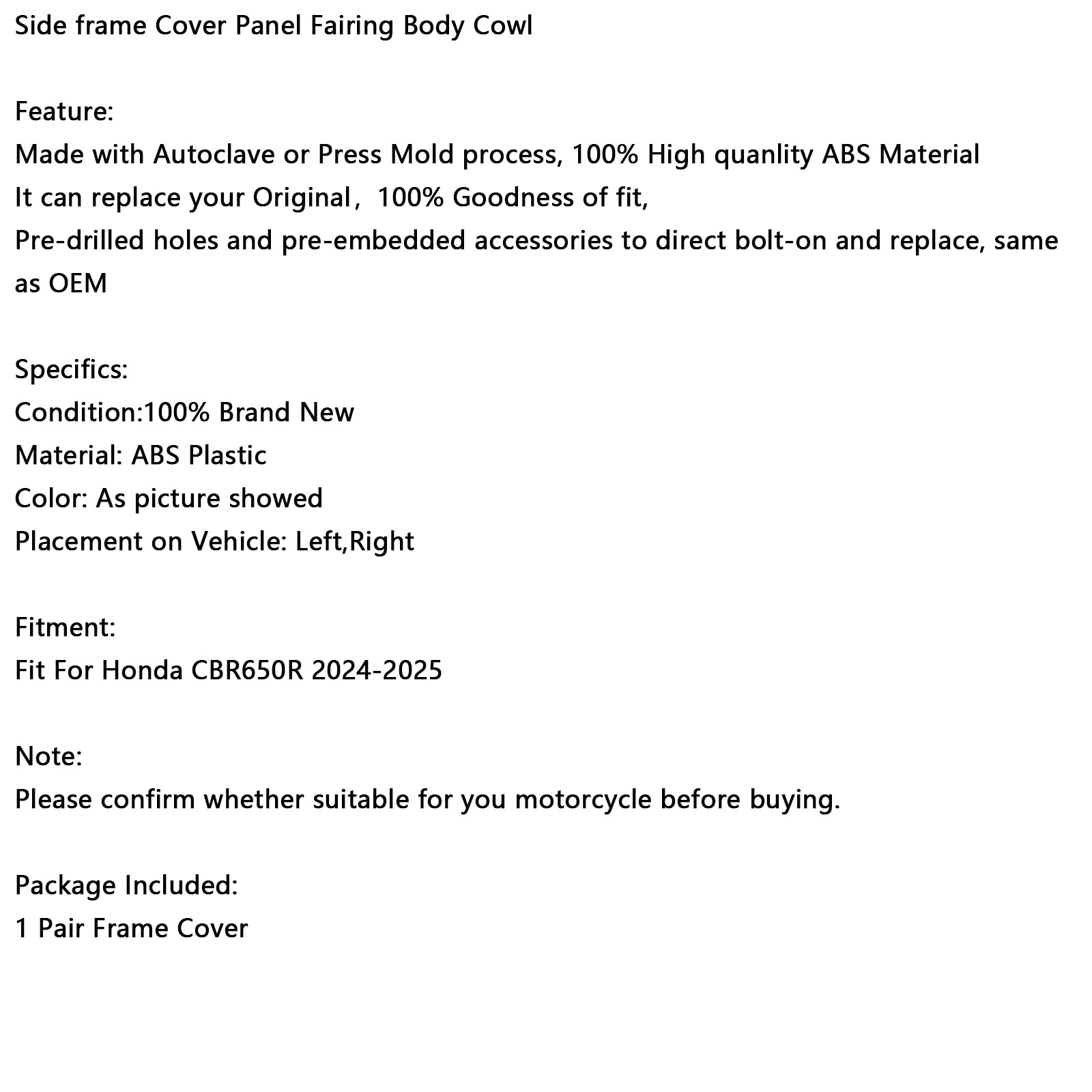 2024-2025 Honda CBR650R Side frame Cover Panel Fairing Body Cowl