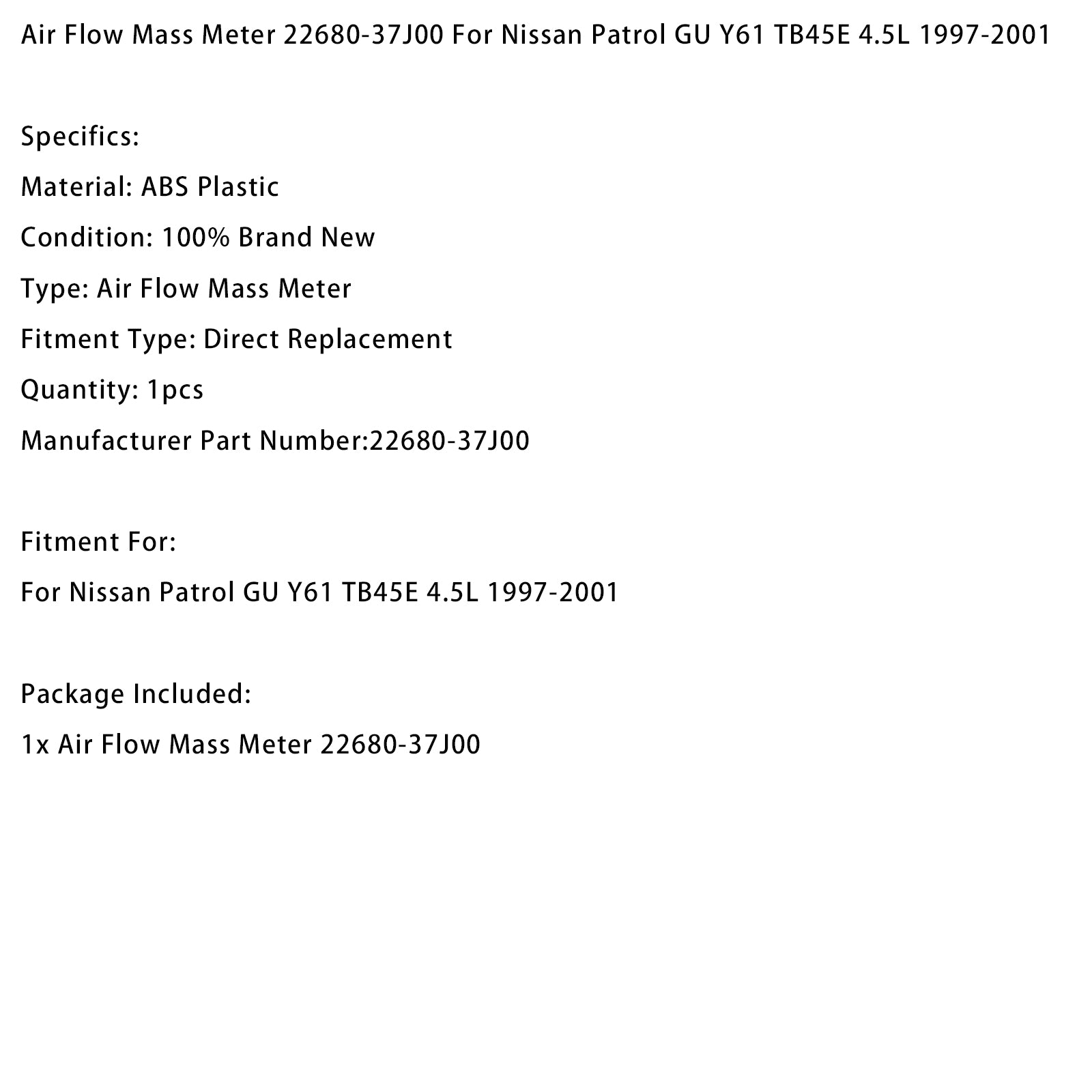 1997-2001 Nissan Patrol GU Y61 TB45E 4.5L Air Flow Mass Meter 22680-37J00