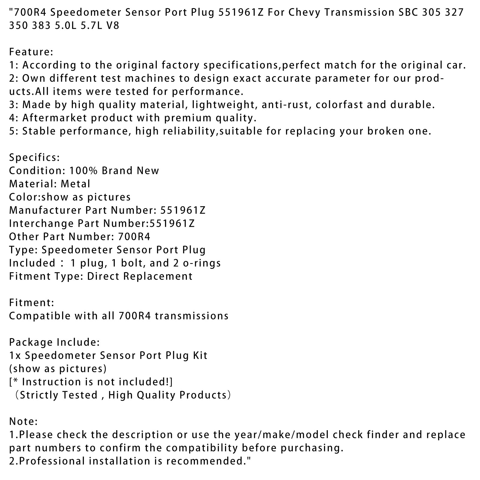 700R4 Port de capteur de compteur de vitesse 700R4 Bouchon 551961Z pour la transmission Chevy SBC 305 327