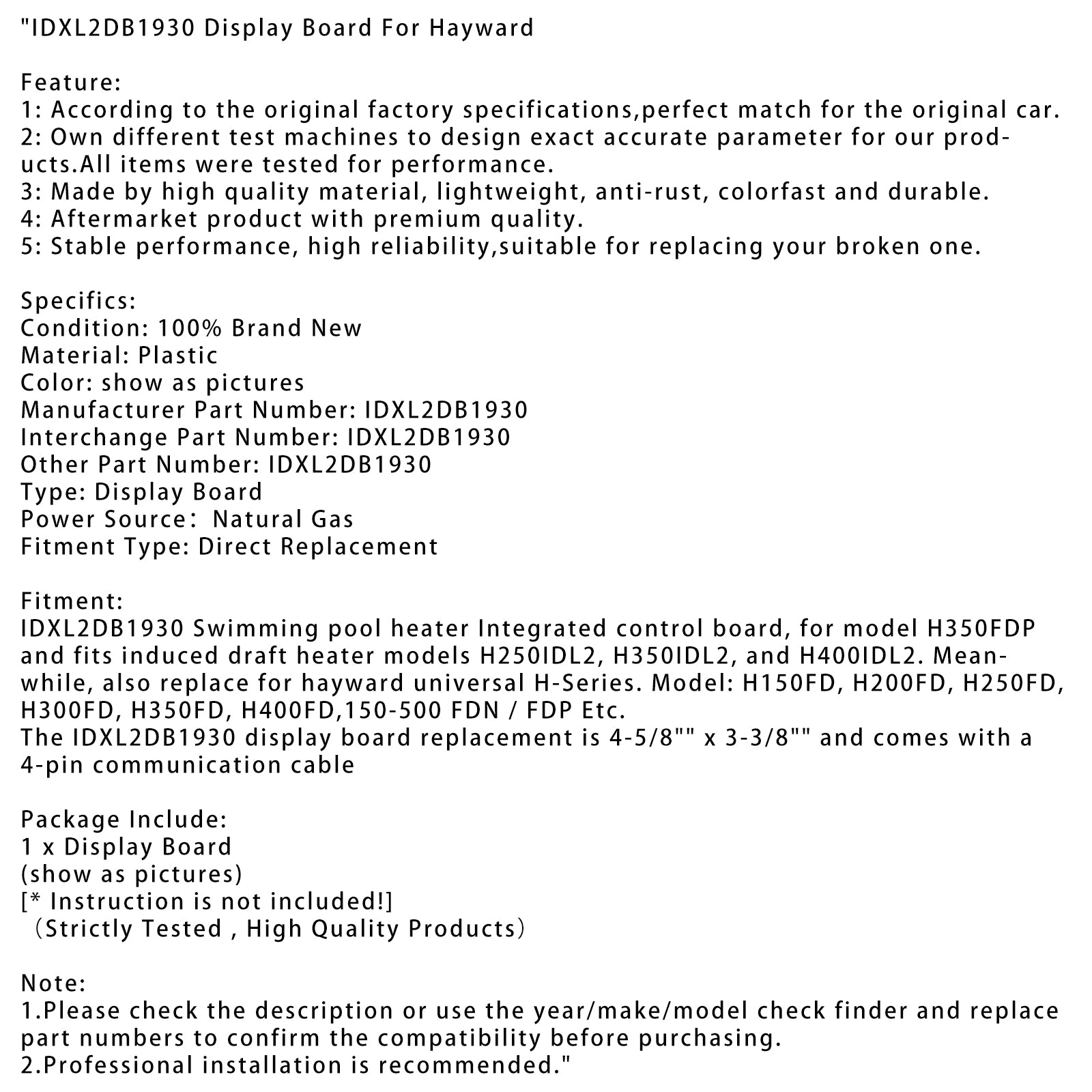 FDSLBKP1930 Toetsenbord en omlijsting IDXL2DB1930 Displaybord voor Hayward