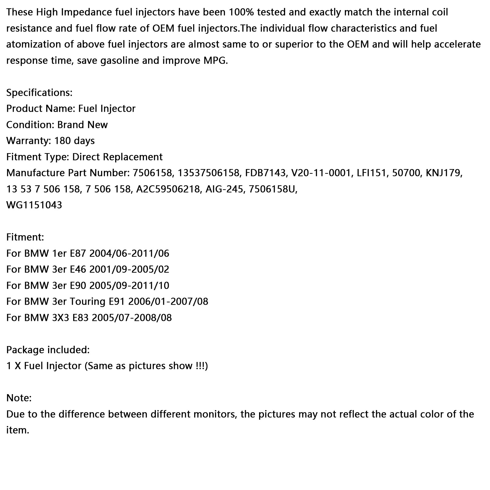 1PCS Injecteur de carburant 13537506158 FIT BMW 116I 120I 316I 318I 320I X3 Z4 7506158