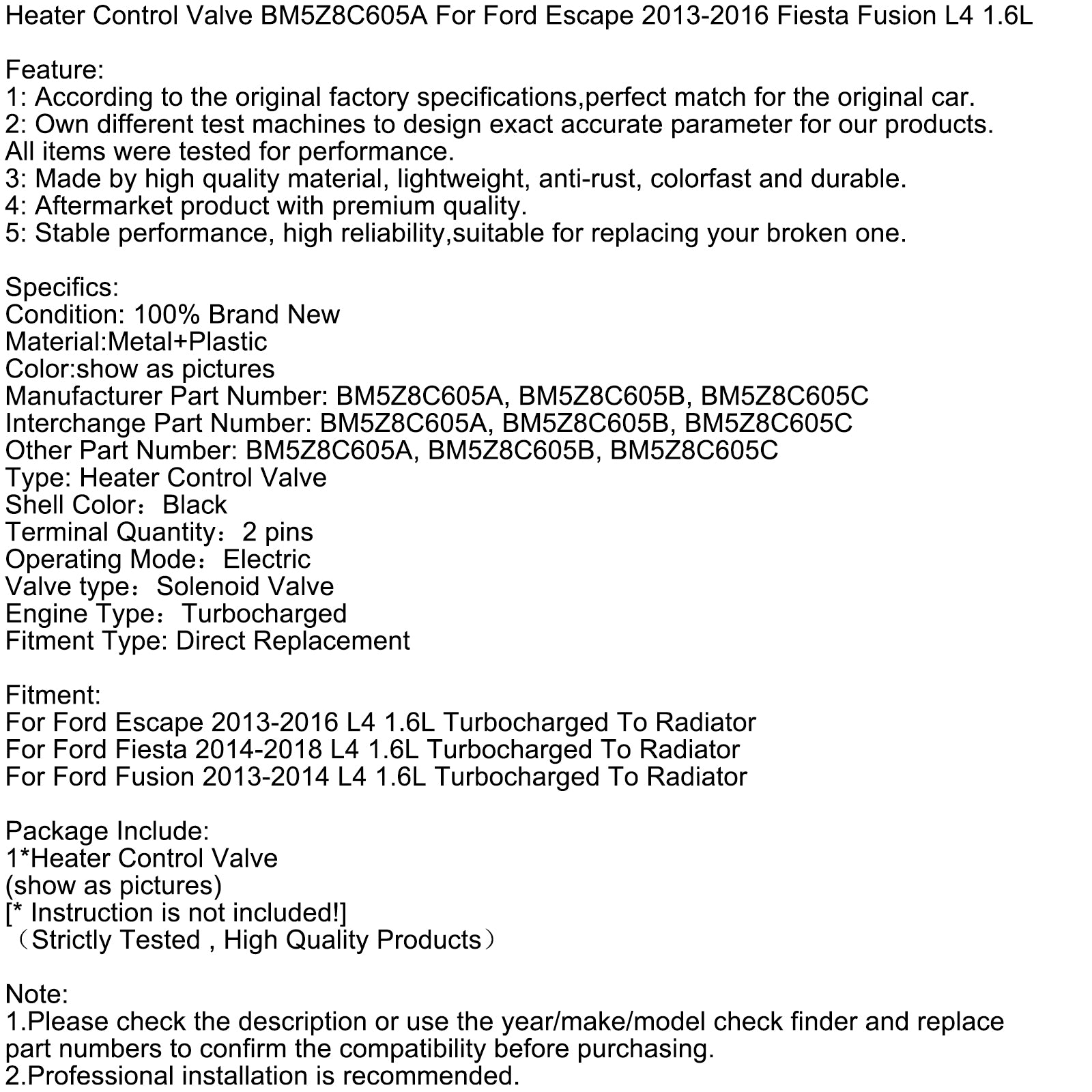 Ovládací ventil ohrievača BM5Z8C605A pre Ford Escape 2013-2016 Fiesta Fusion