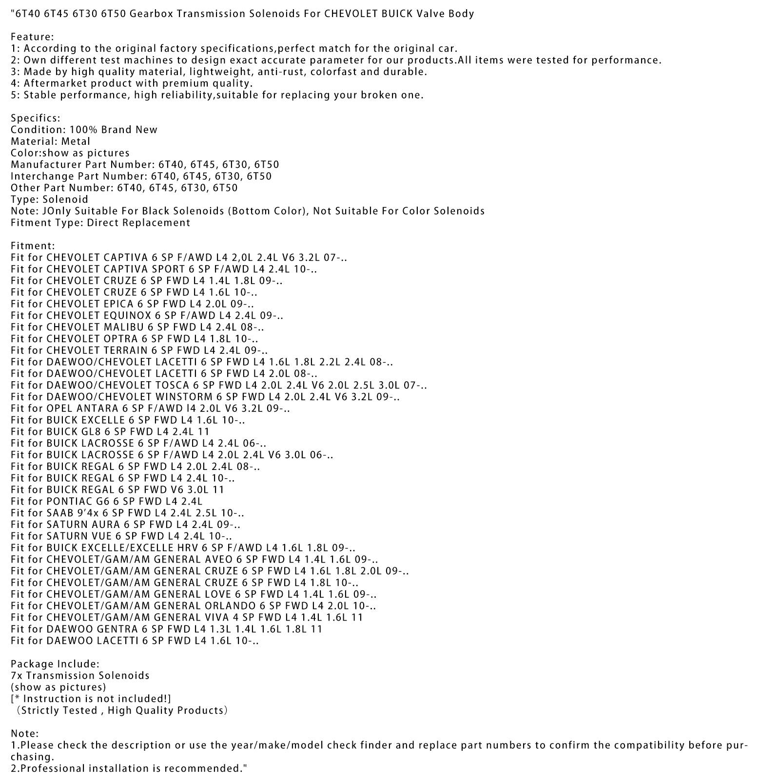 2007-nowon DAEWOO/CHEVOLET TOSCA 6 SP FWD L4 2.0L 2.4L V6 2.0L 2.5L 3.0L 6T40 6T45 6T30 6T50 Solenoides de transmisión de caja de cambios