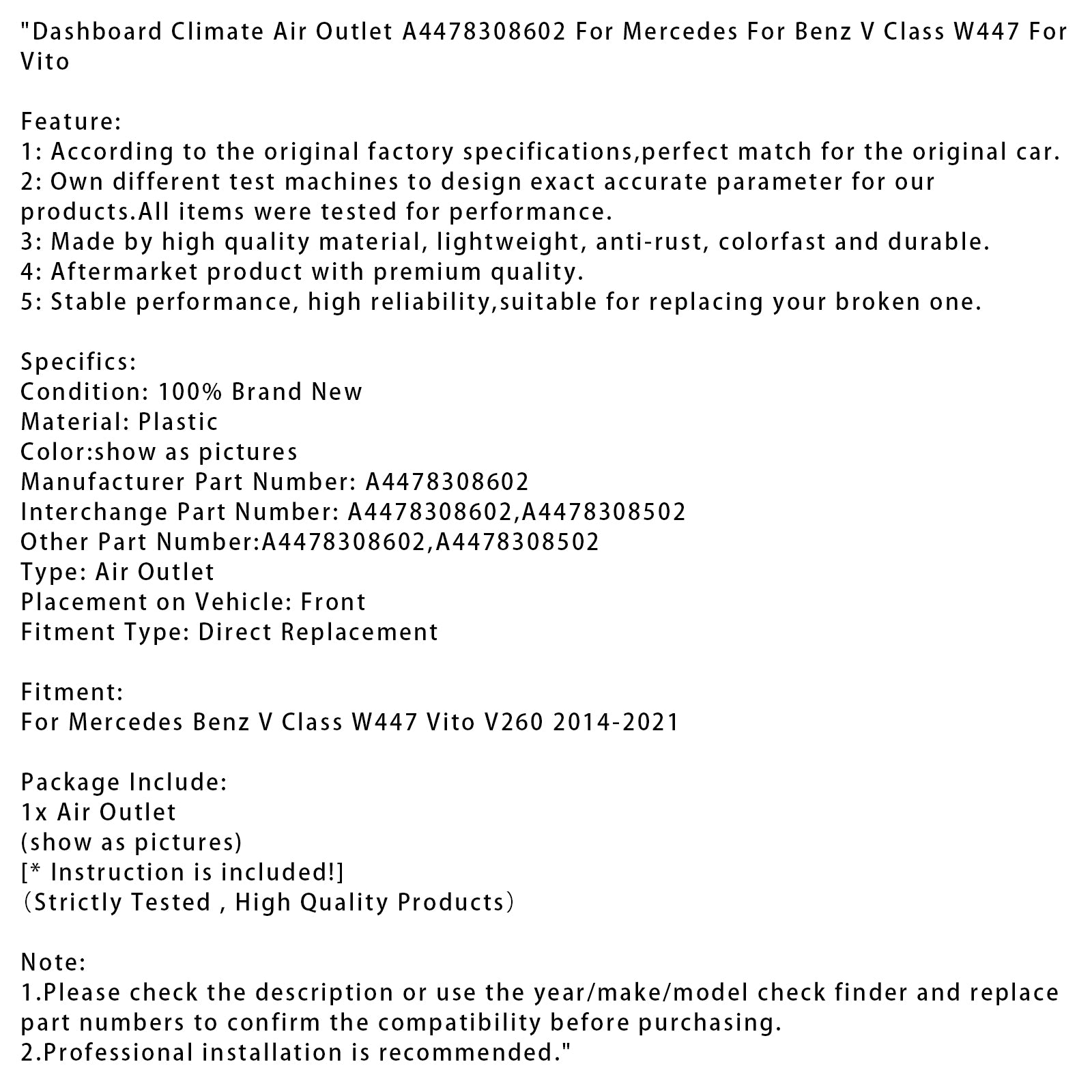 Mercedes Benz V-Klasse 2014-2021 W447 Vito Dashboard Klimaat Luchtuitlaat A4478308602