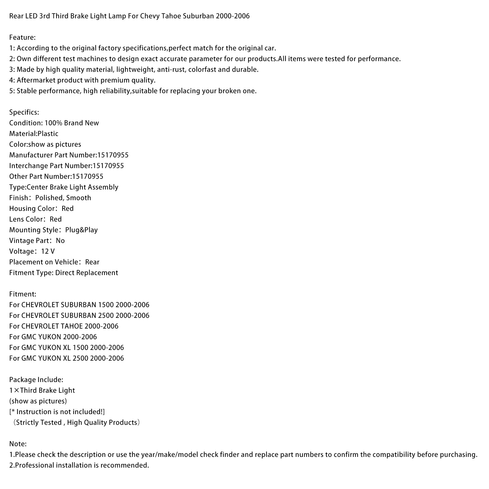 Rear LED 3rd Third Brake Light Lamp For Chevy Tahoe Suburban 2000-2006