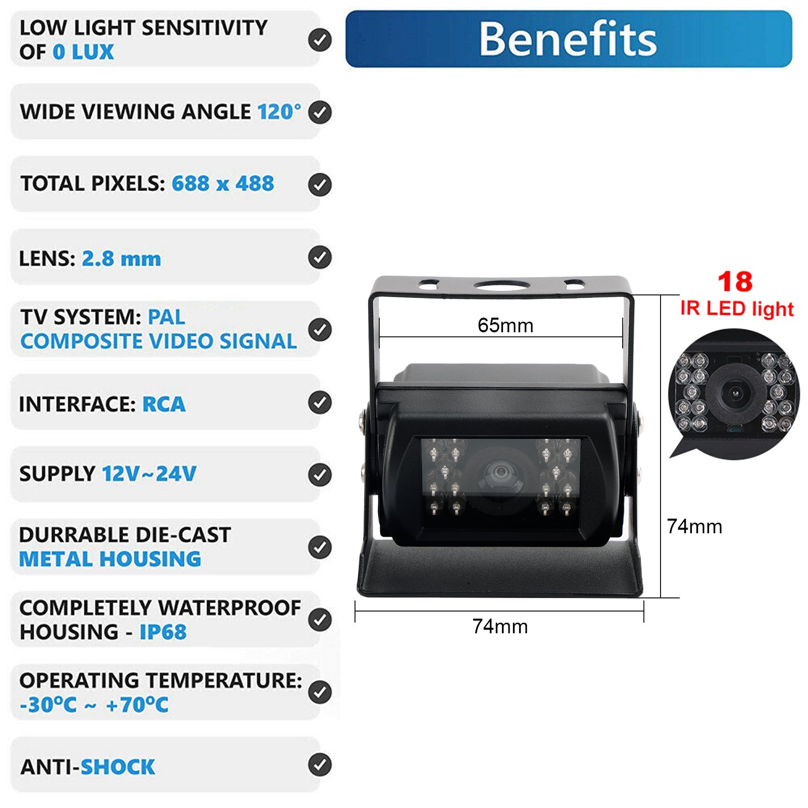 18 IR CCD Auto achteruitrijcamera Heavy Duty achteruitrijcamera 12-24V