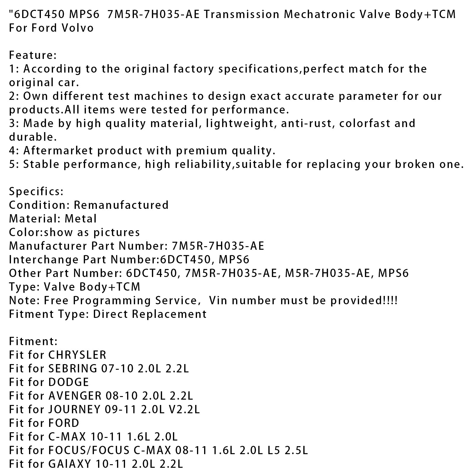 6DCT450 MPS6 7M5R-7H035-AE Transmission Mechatronic Valve Body+TCM For Ford
