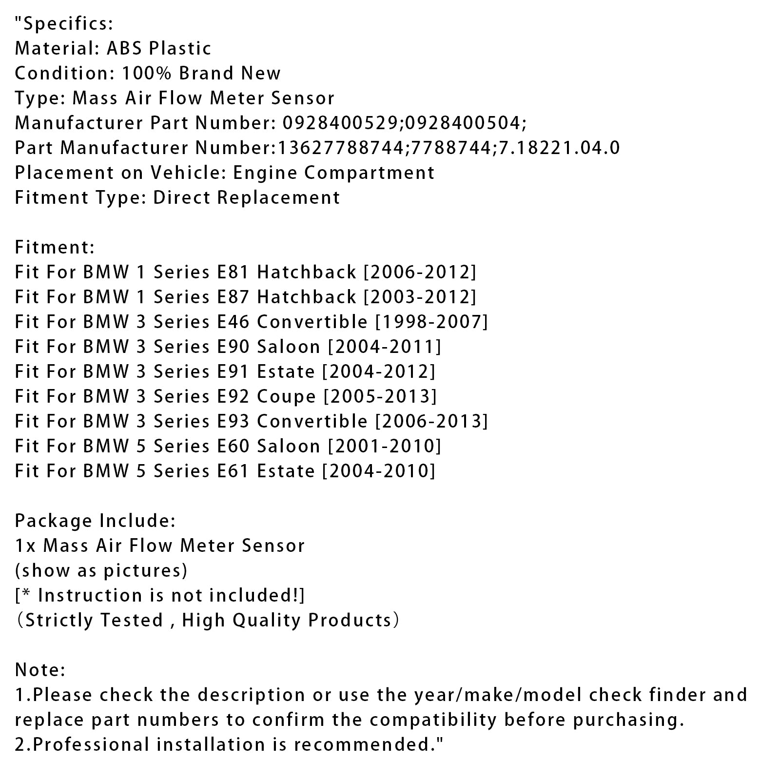 Luftmassmätare sensor för BMW E90 E91 E92 E87 E60 E61 0928400529