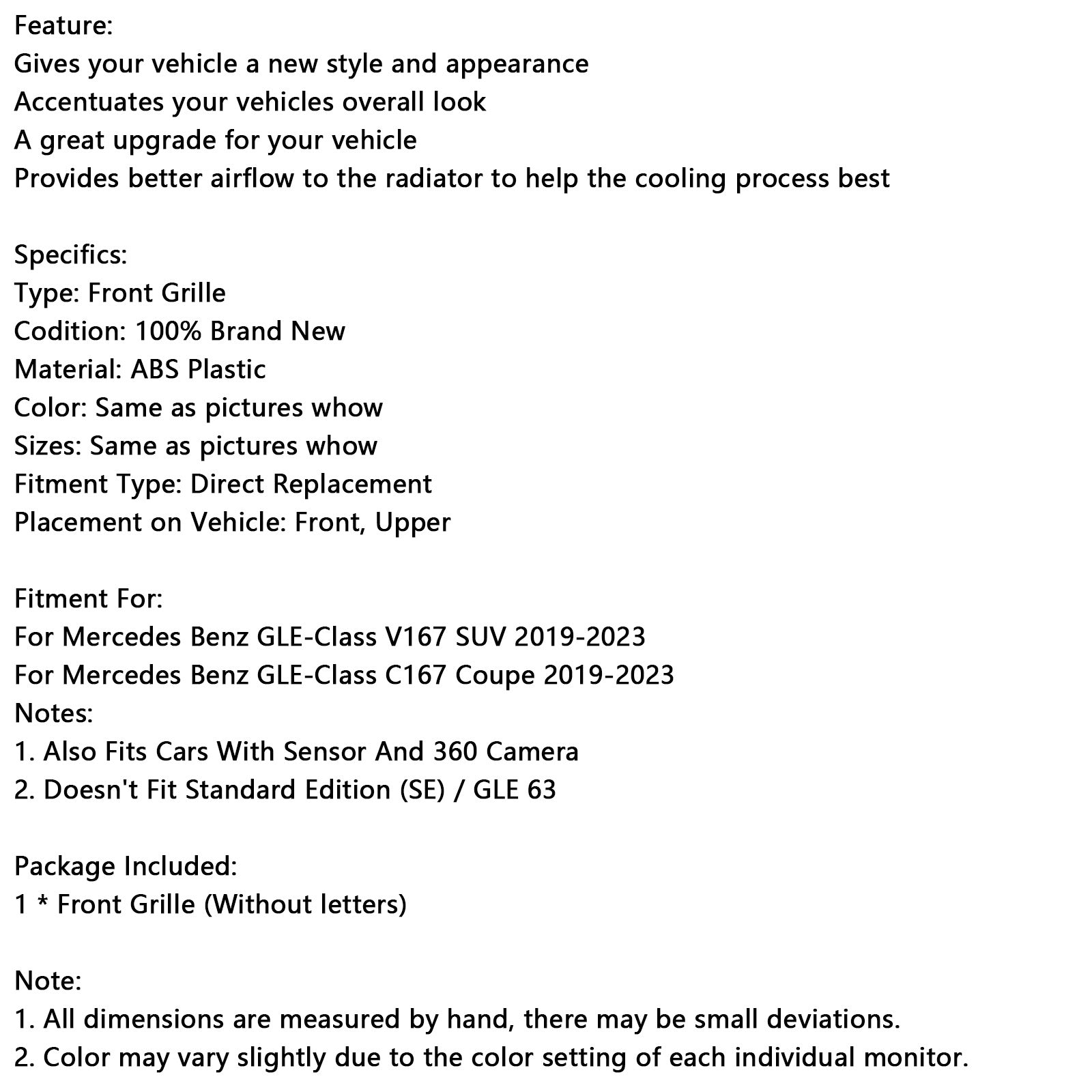 2019-2023 Mercedes Benz GLE-Klasse C167 Coupé Voorbumpergrille