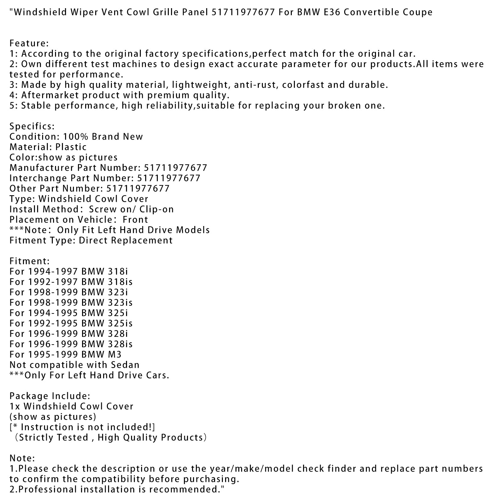 1996-1999 BMW 328is Windshield Wiper Vent Cowl Grille Panel 51711977677