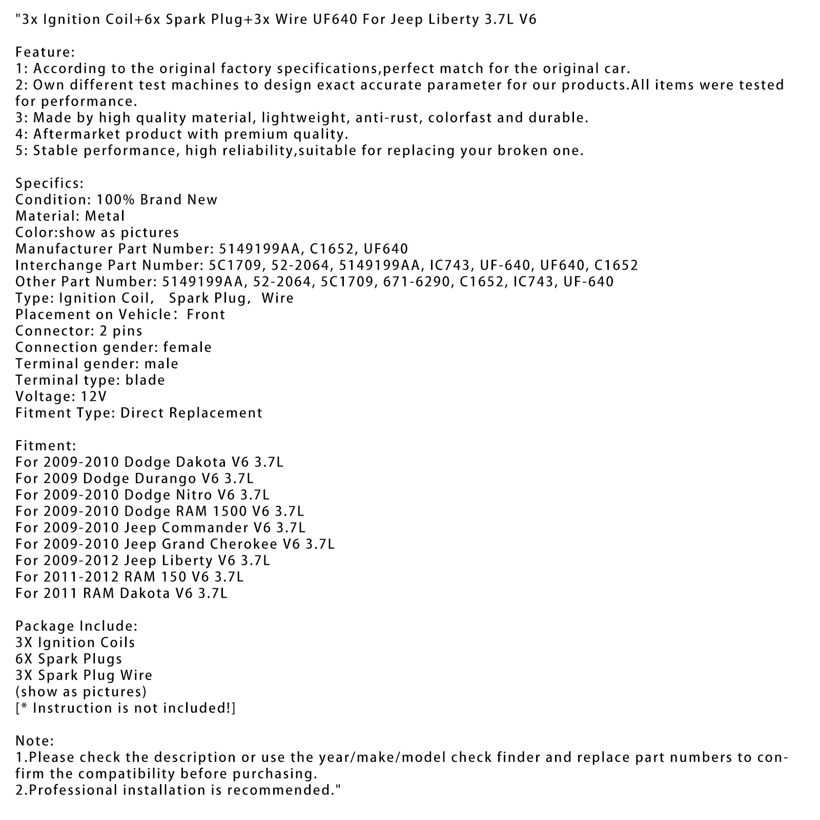 2009-2010 Jeep Commander V6 3.7L 3x bobina de encendido+6x bujía+3x cable UF640