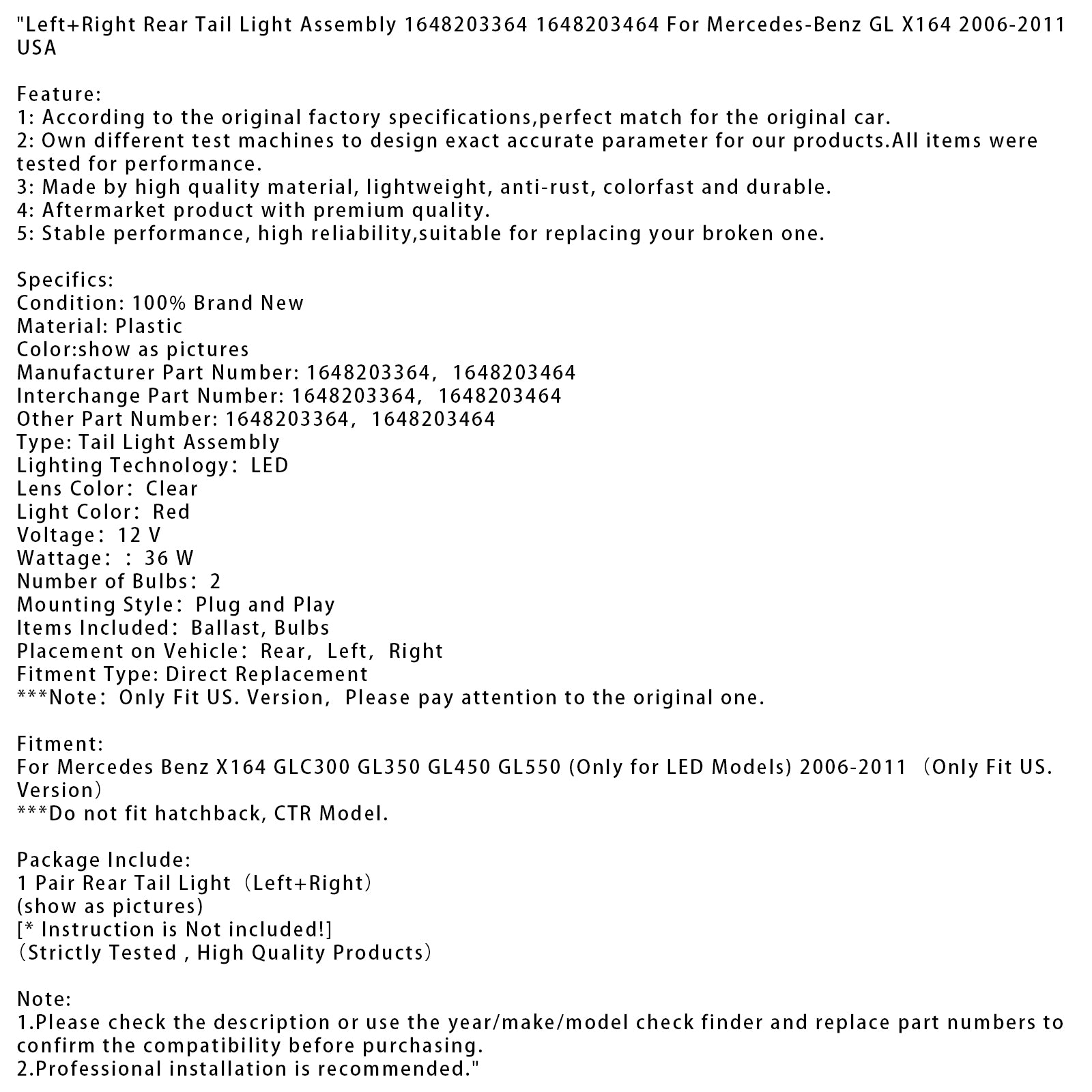 Left+Right Rear Tail Light Assembly For Mercedes-Benz GL X164 2006-2011 USA