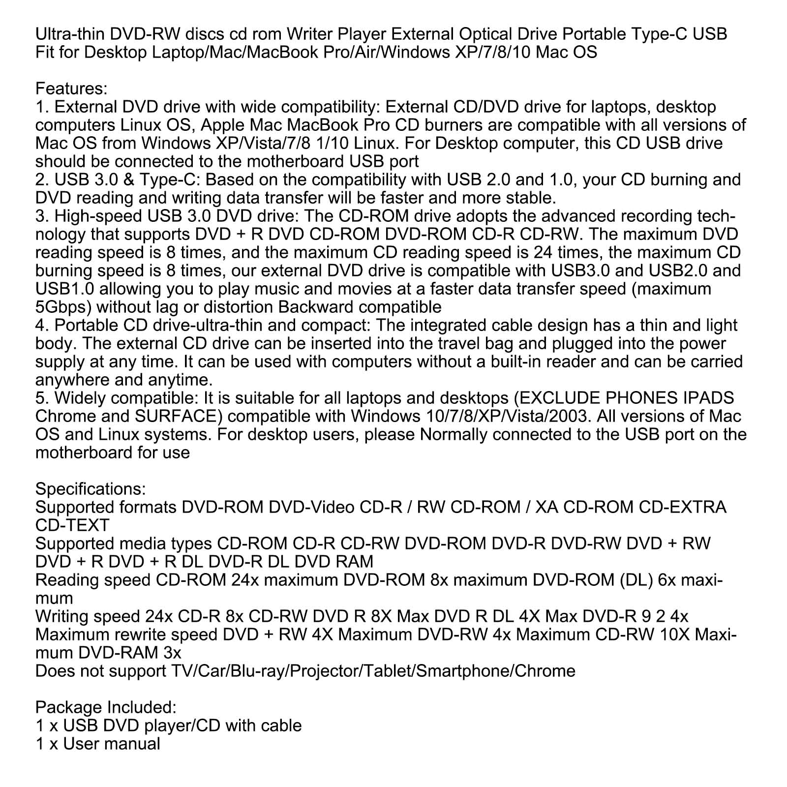 Ultra-Thin DVD RW CD ekstern optisk stasjon bærbar type-c USB bærbar PC BLK