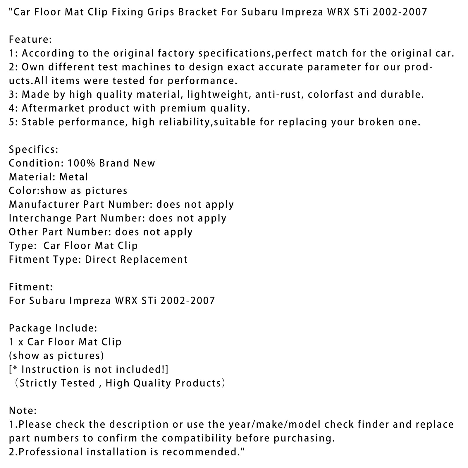 2002-2007 Subaru Impreza WRX STI CAR GOLV MAT CLIPING GRIPS CONTACKET