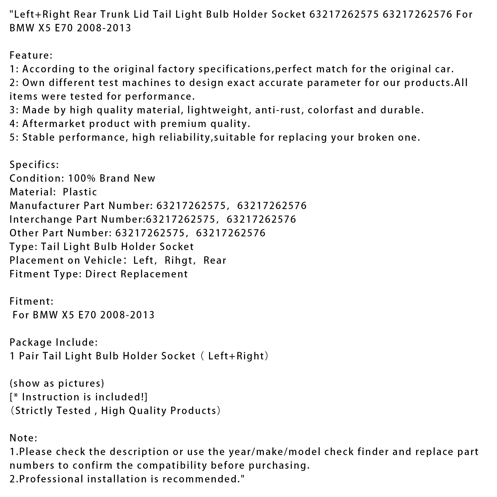2008-2013 BMW X5 E70 vľavo+pravý zadný veko chvostovú žiarovku držiak držiak 63217262575 63217262576